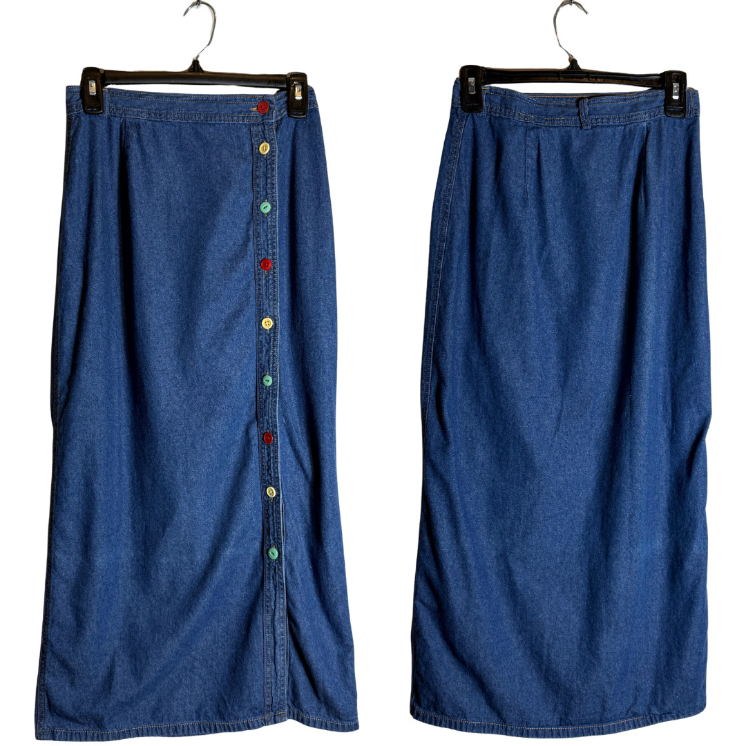 Vintage 100% Cotton Denim Button Up Maxi Skirt Women&rsquo;s 8 Colorful Twee Artsy 90s