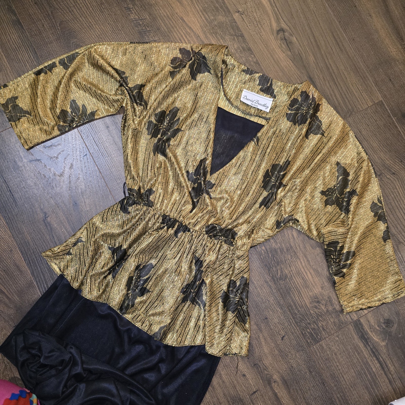 Vintage 80s Gold Metallic Peplum Wrap Back Dress David Bradley Small Glam Rock