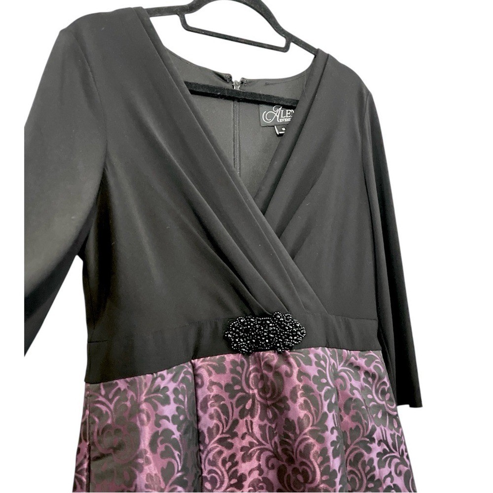 Alex Evenings Beaded Jersey & Jacquard Gown V-Neck, Black/Purple/Violet, Size 10