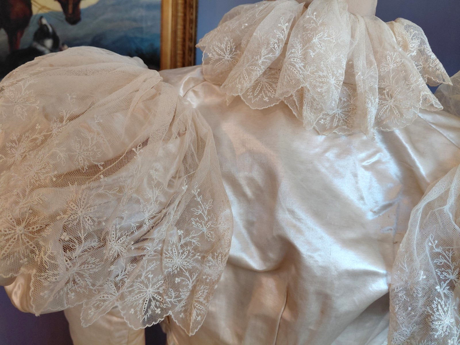 Antique 1890&rsquo;s Satin & Tambour Lace Dress Wedding Ball Gown Leg O Mutton Sleeves