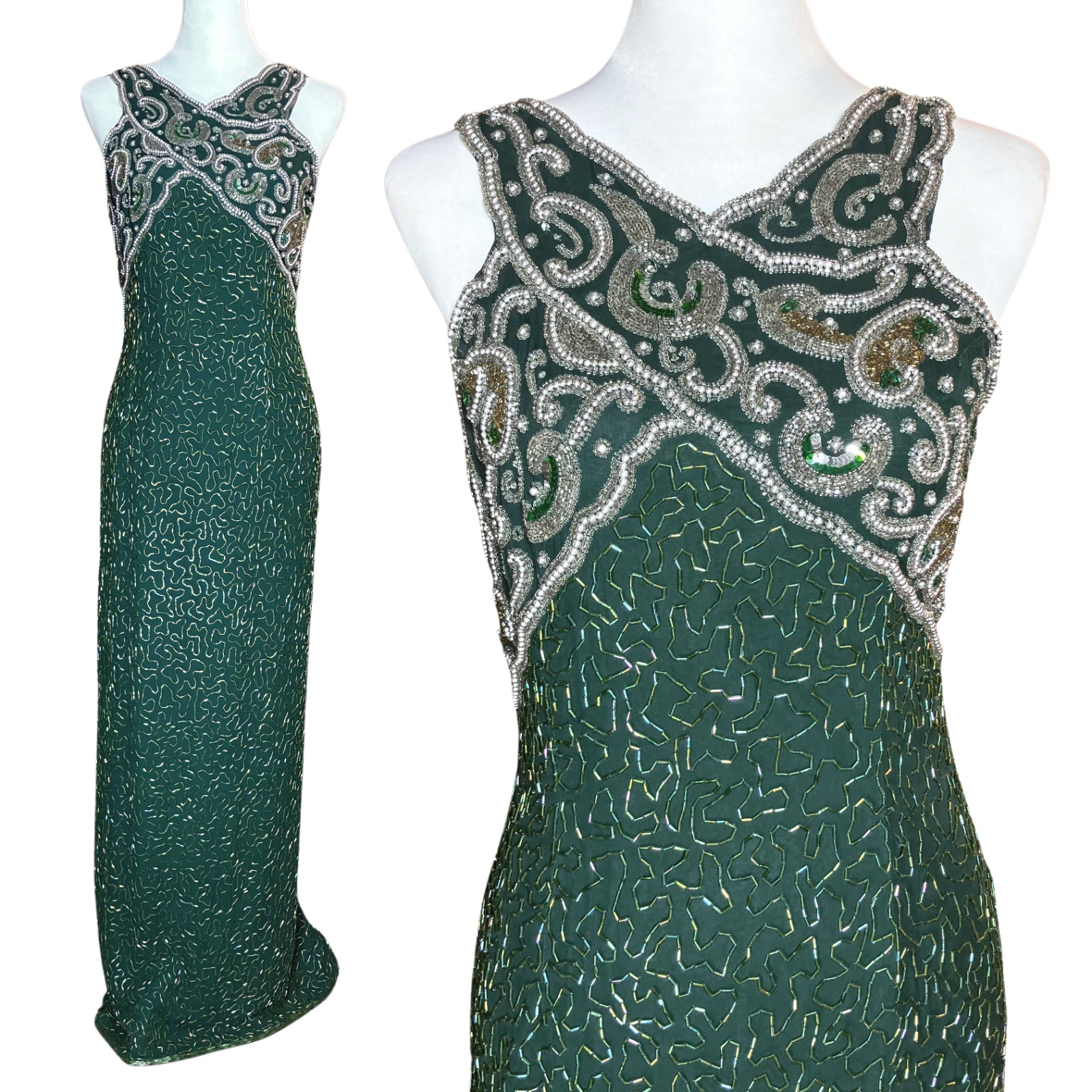 Vintage 90s 100% Silk Green Beaded Prom Dress S/M Golden Age Hollywood Glamour