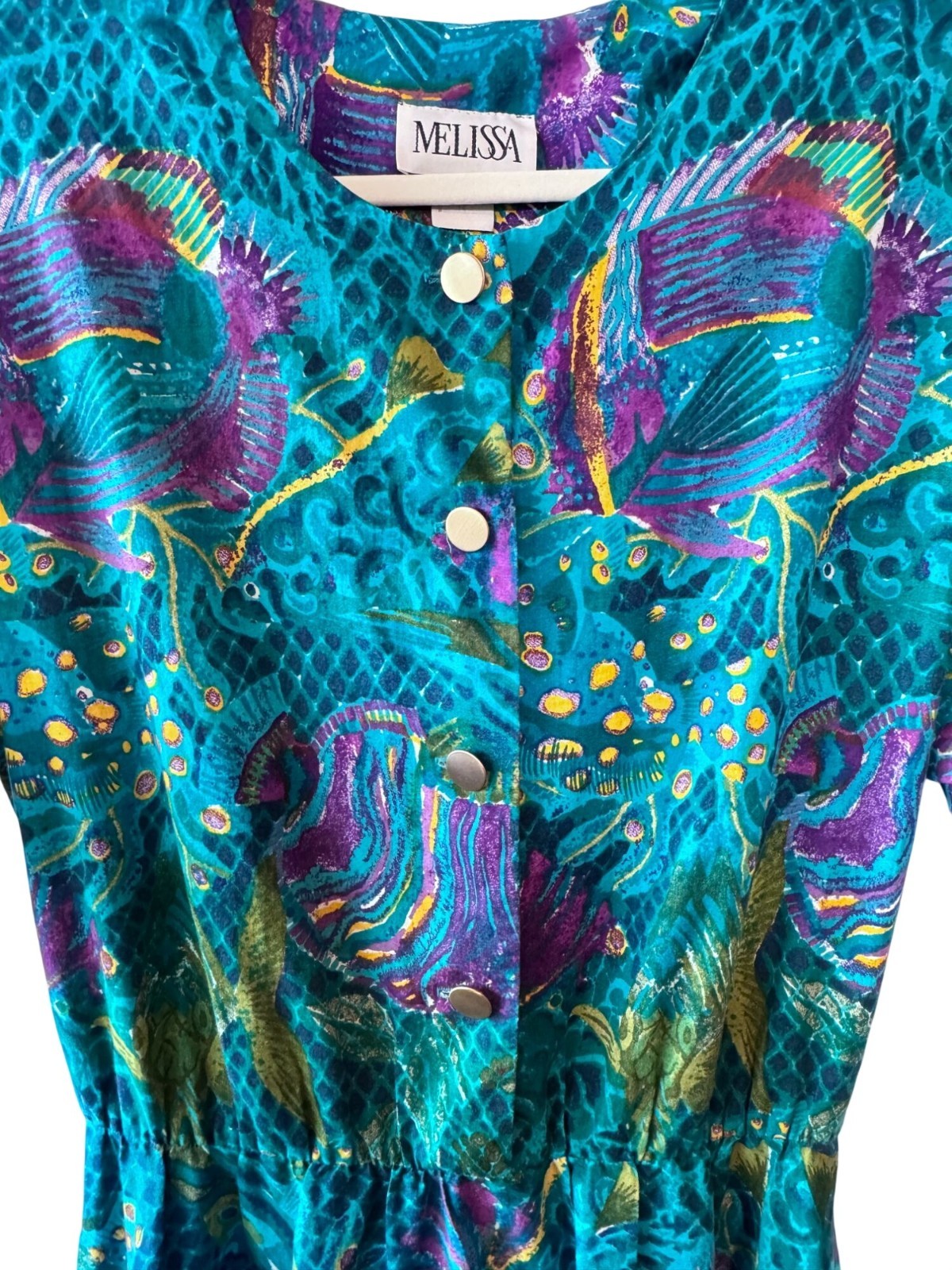 Vintage 80s Melissa Teal Abstract Tropical Print Midi Dress Pockets – Modern Lar