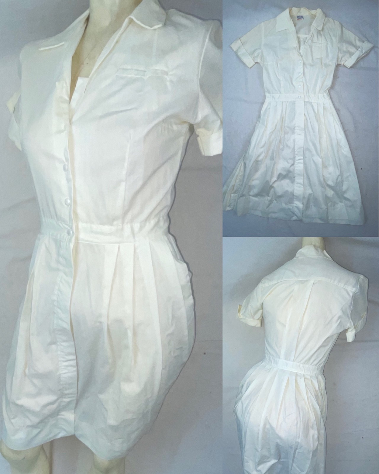 VTG 60S WOMENS WHITE BUTTON FRONT NURSES HOSPITAL ORDERLY WAITRESS UNIFORM DRESS