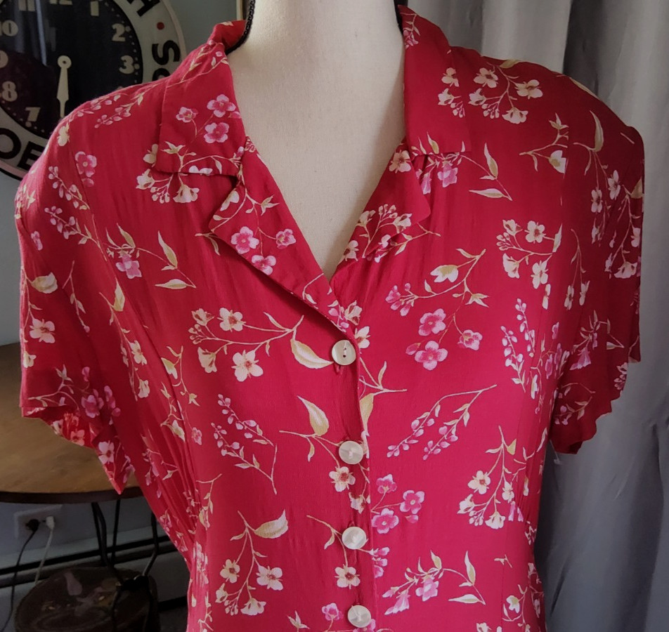 VTG RED FLORAL 1940s STYLE DAY DRESS Retro 90s Rayon. Tea Length Swingy Sz 14/16
