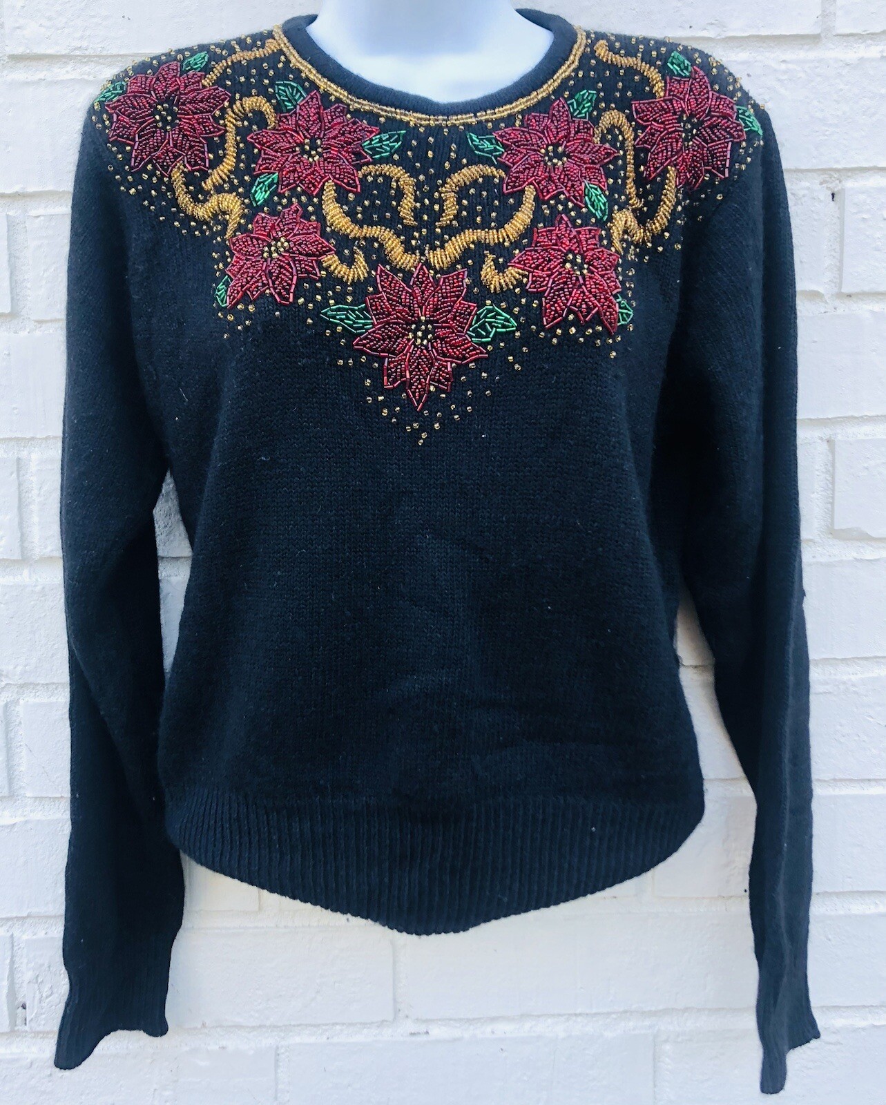 Vintage Karen Scott Embellished Beaded Black Christmas Sweater Top Med Large