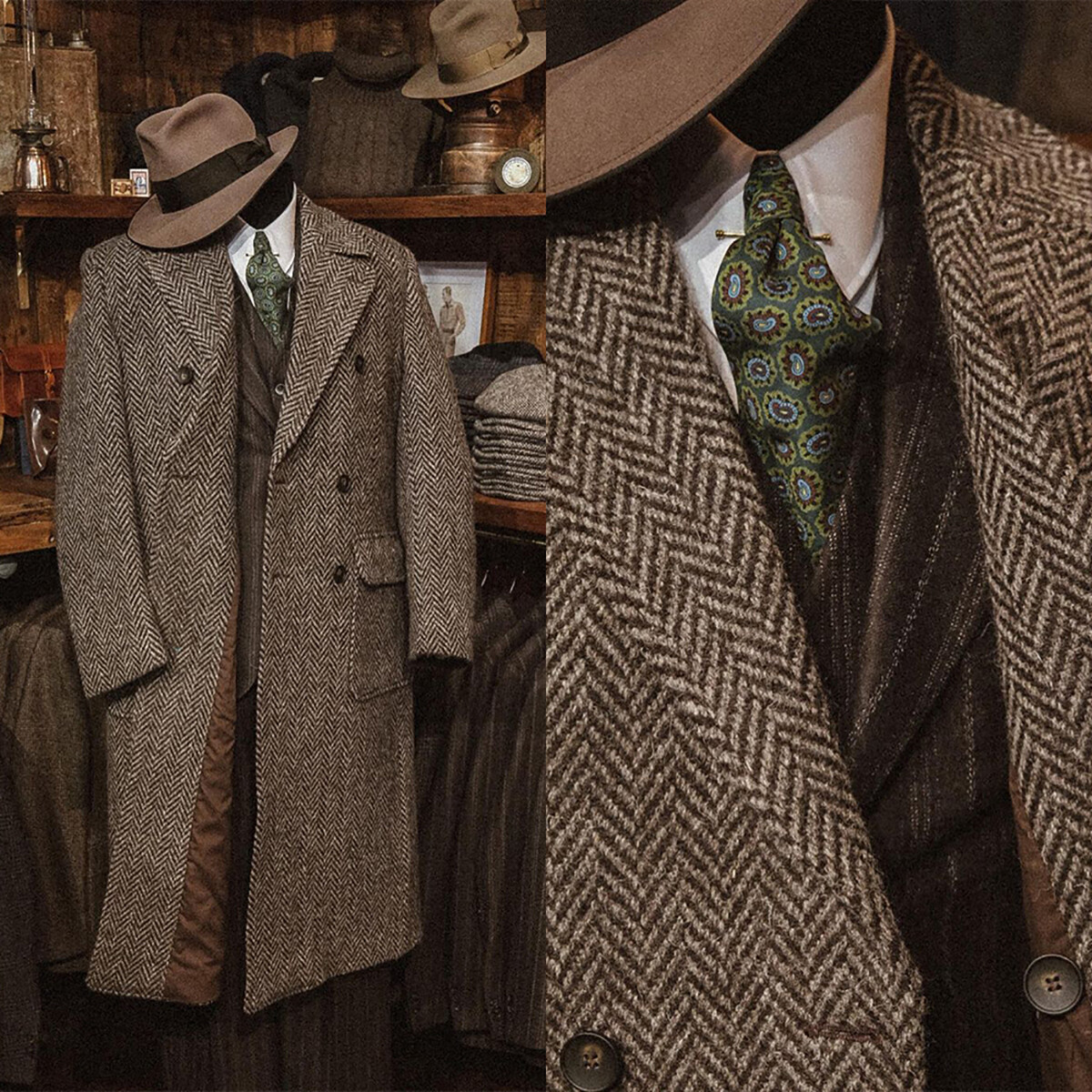 Herringbone Men Long Overcoats Brown Tweed Business Double Breasted Outdoor Wear