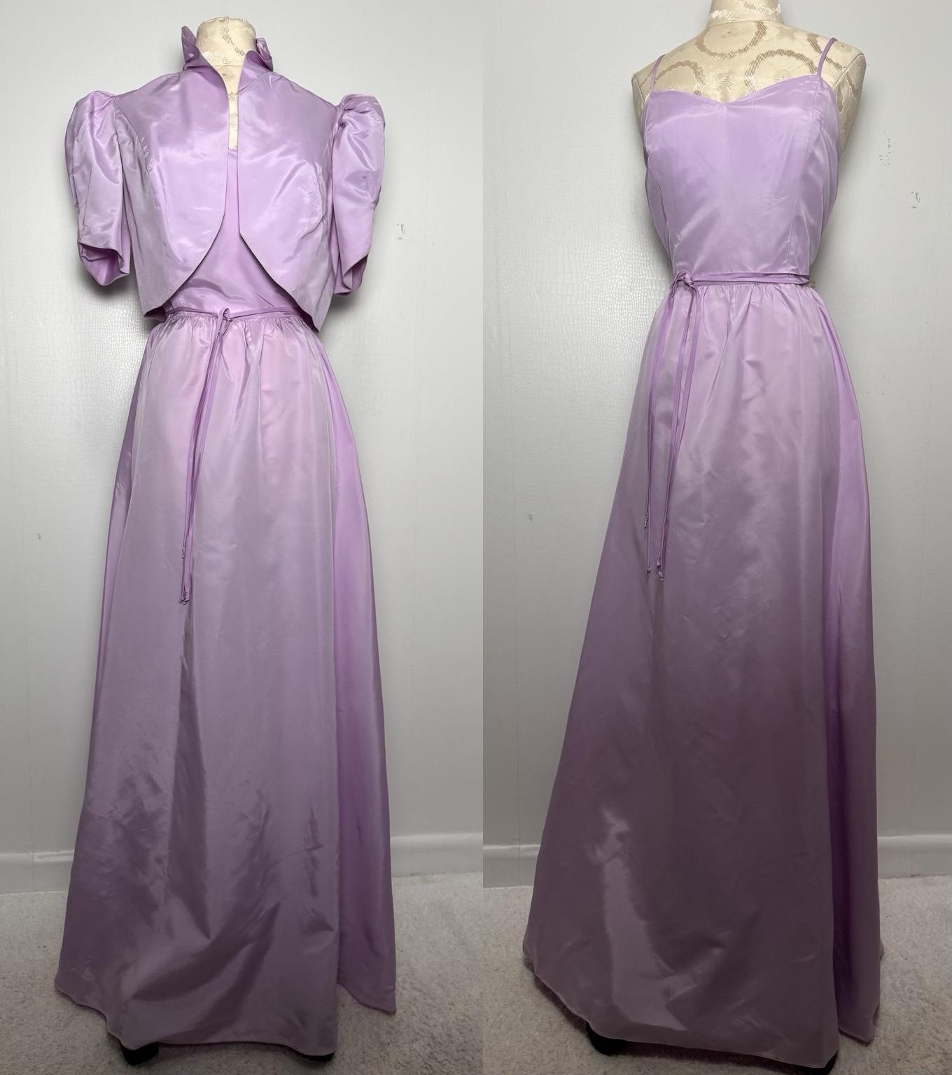 Vintage 80s Lavender Prom Dress Bolero Set M Puff Sleeve Taffeta Formal Gown