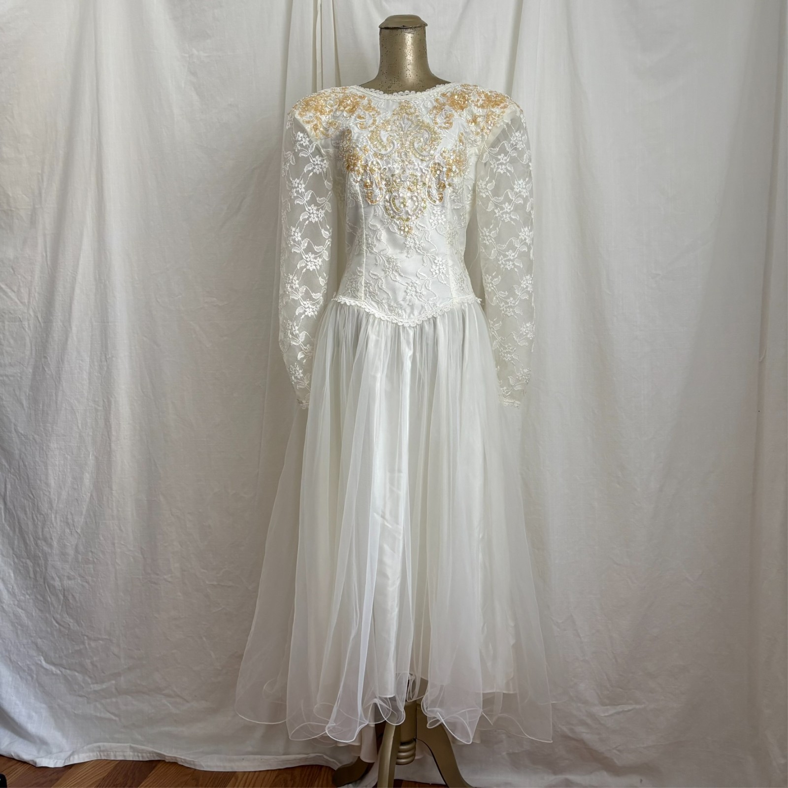 Vtg 80s/90s Alfred Angelo Wedding Dress Gown XS Lace Sequin Tulle Long Sleeve