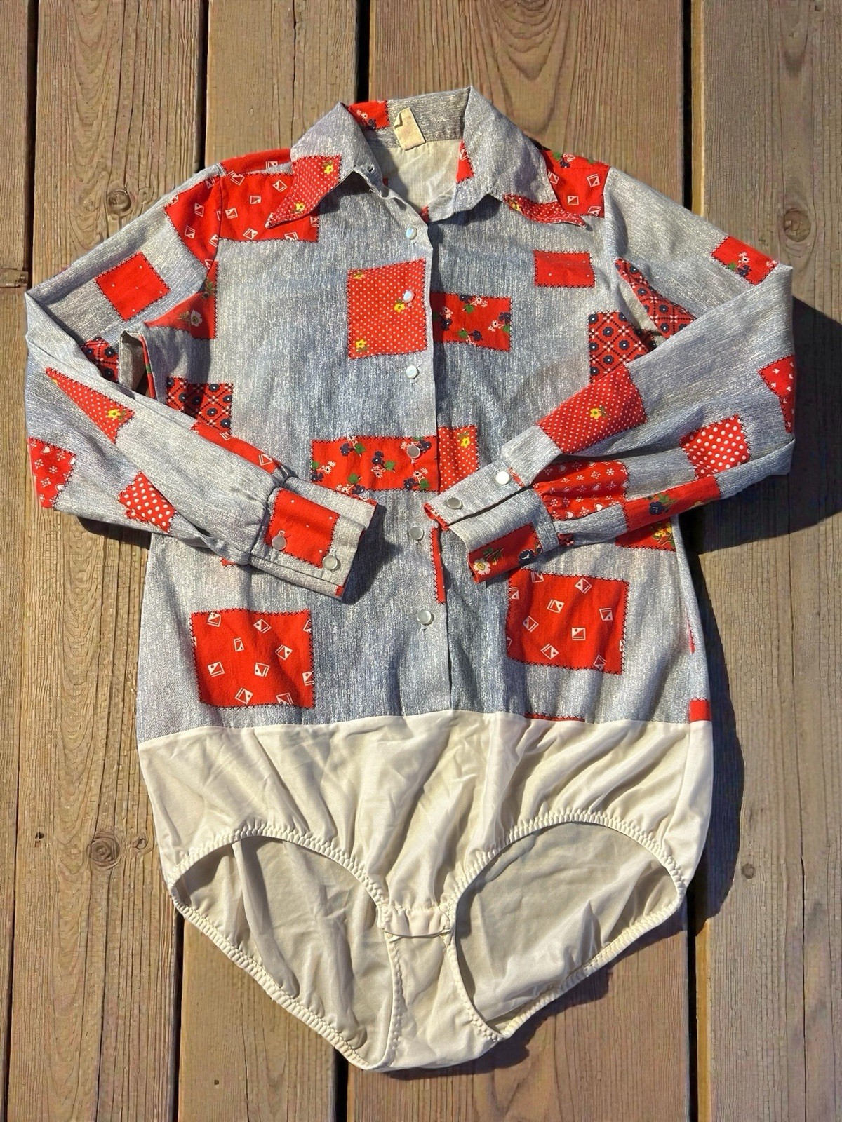 Vintage JCPenney Gaymode Patchwork 70s Bodysuit Shirt Snap Crotch Quilt Look