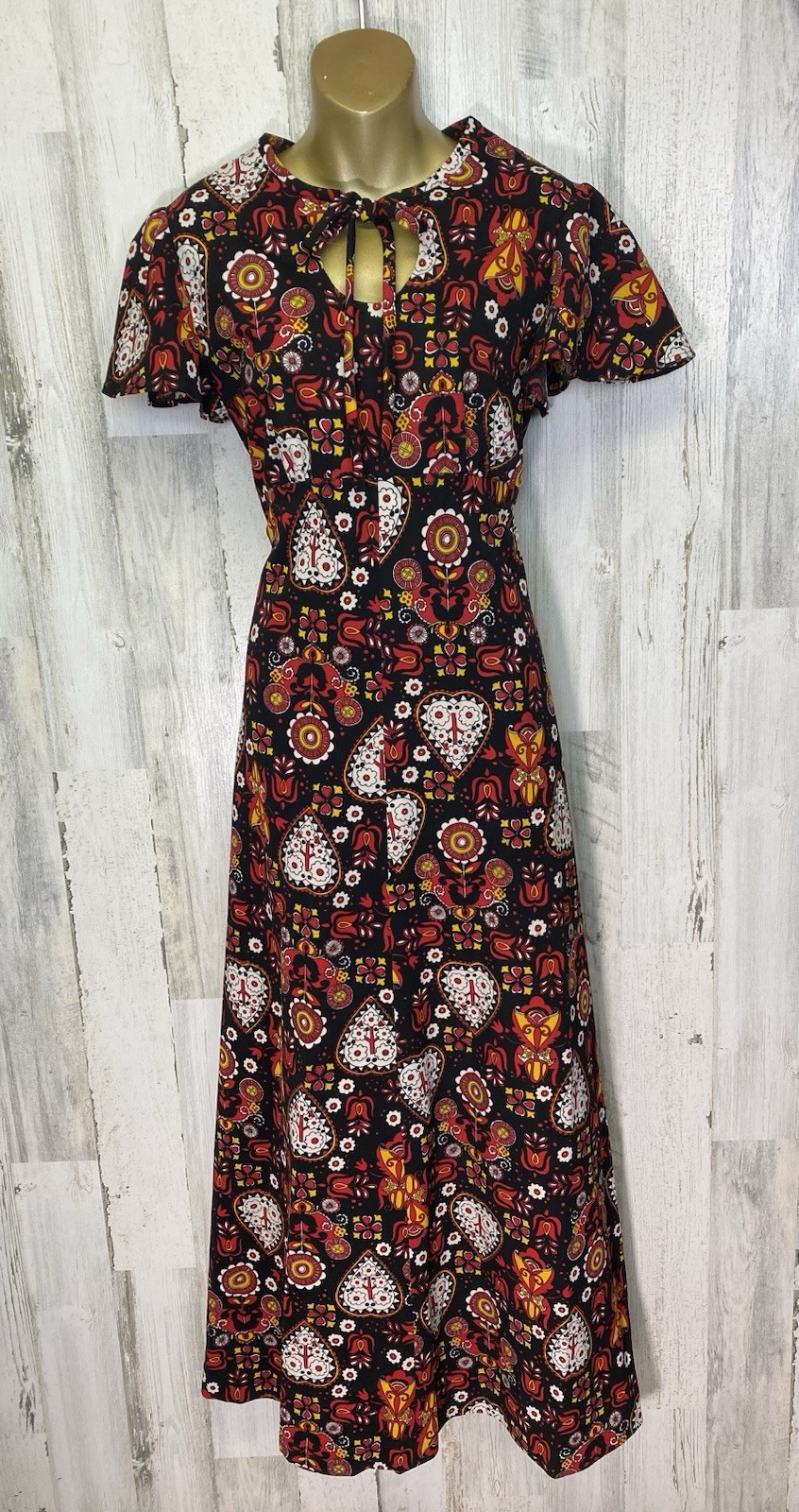 Handmade Vtg Hippie Boho Bold Print Keyhole Maxi Dress 17” Armpit Flutter Sleeve