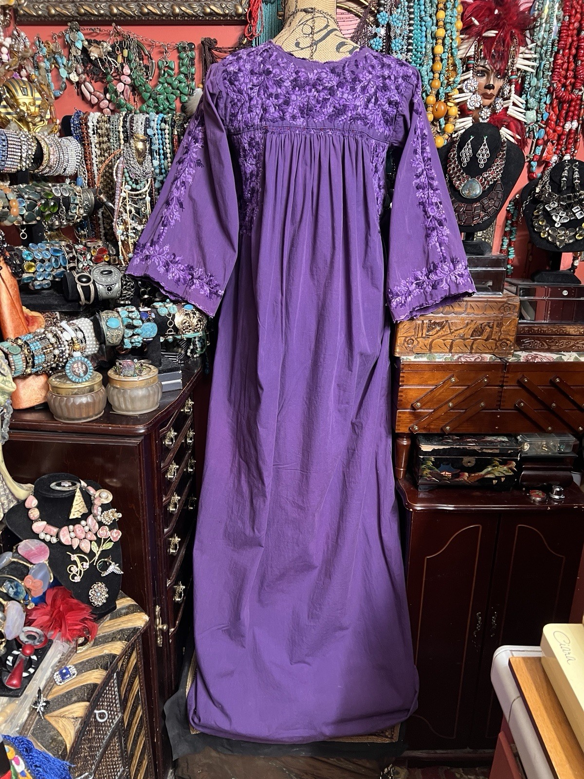 Gorgeous 1970s Oaxaca Mexico Purple Long Sleeve Dress Multi Embroidery M
