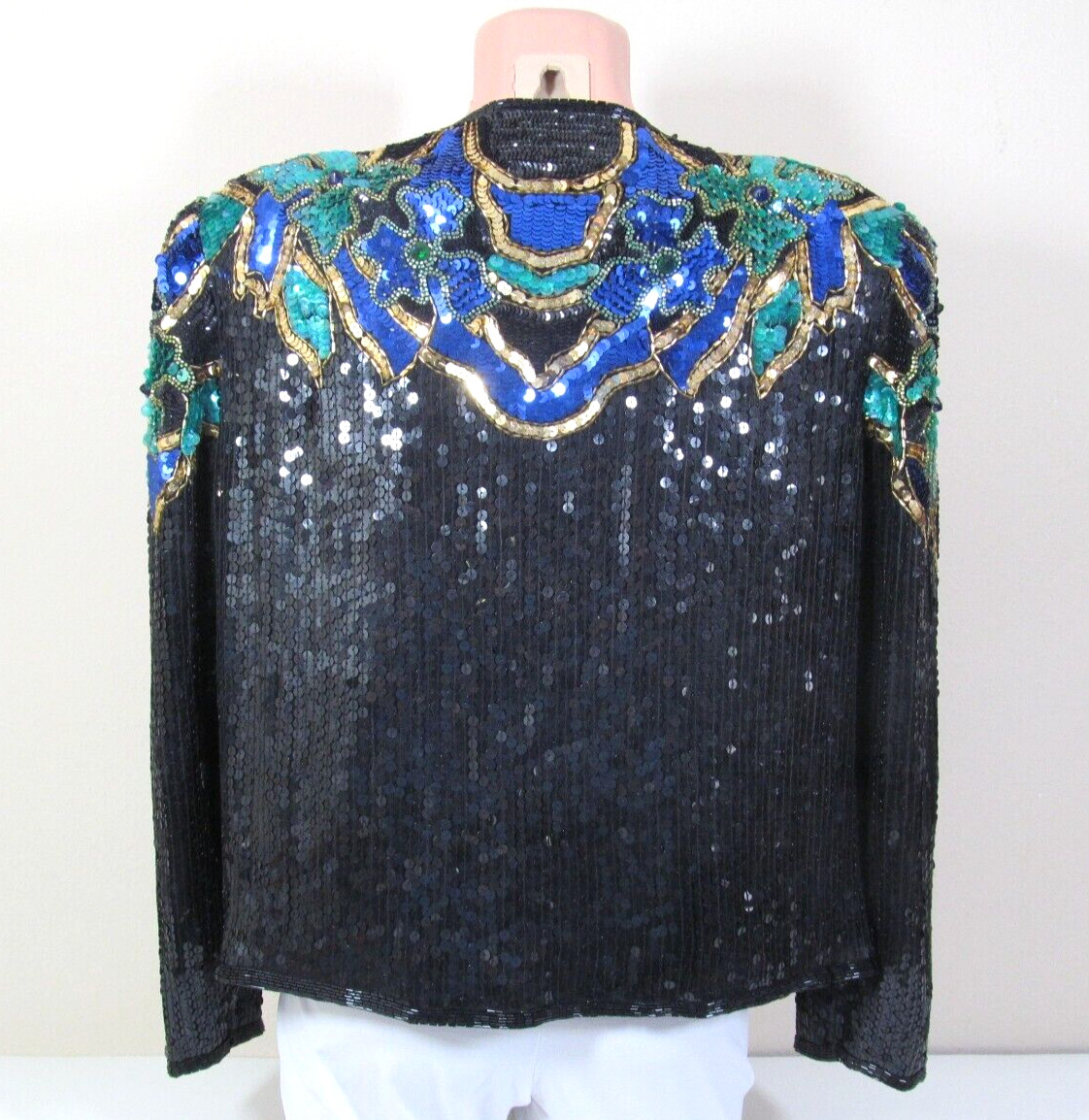 STENAY XL Black Silk Vibrant Multicolor Sequined Beaded L/S Mardi Gras Top