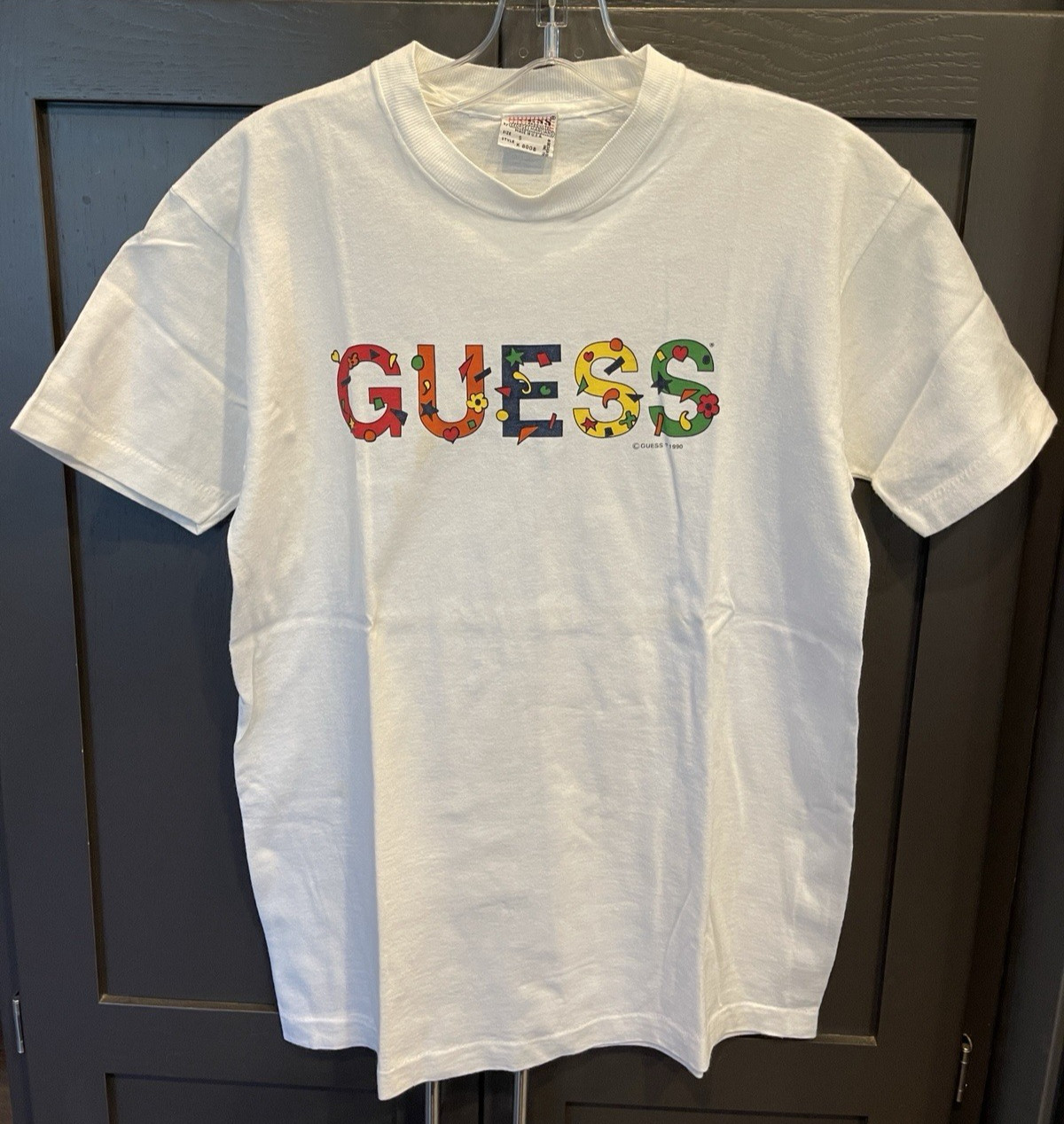 Vintage 1990 Guess White Tee T-Shirt with Rainbow Letter Logo Women Teen Size S
