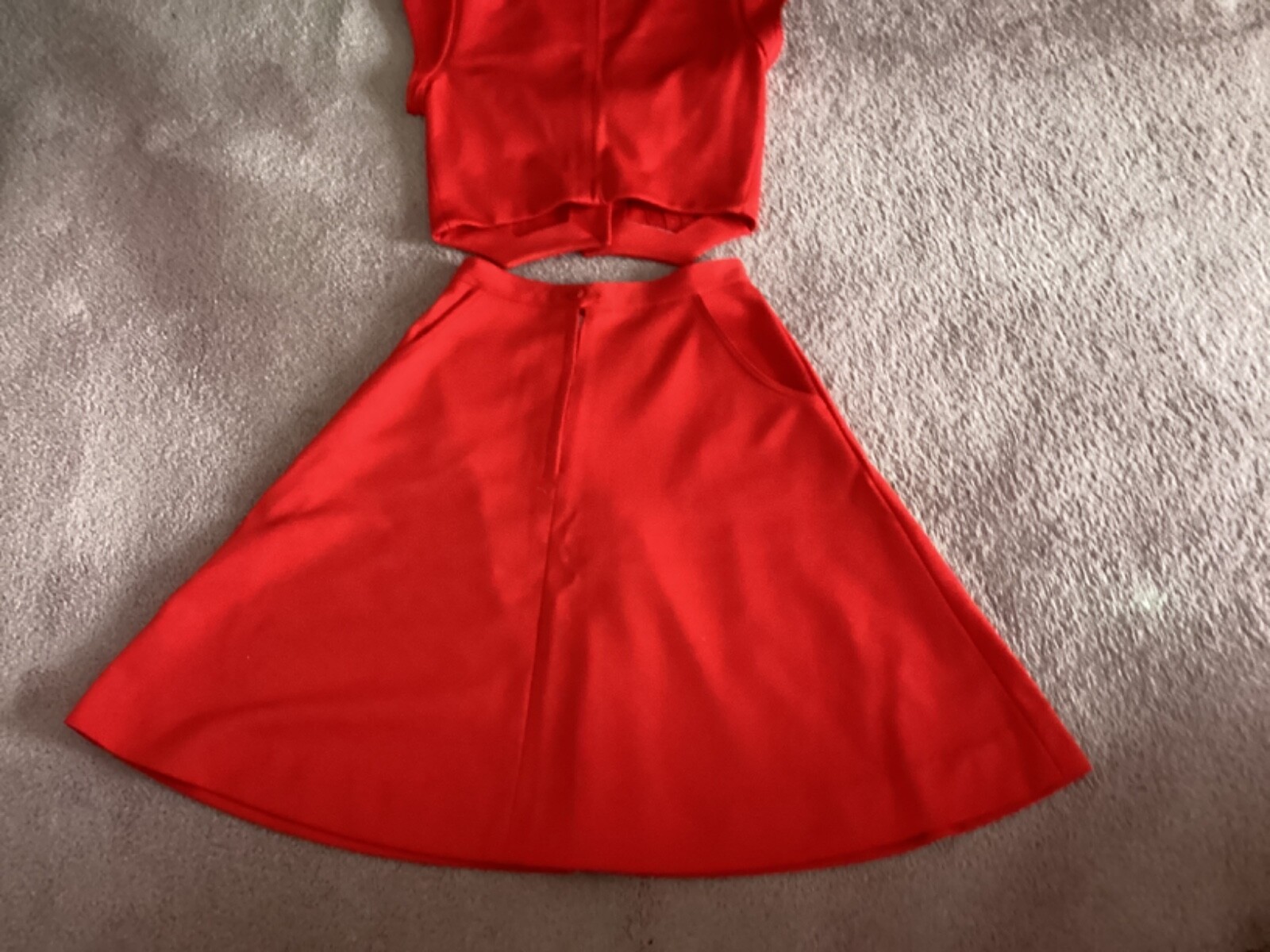 Vtg 70s Double Knit Polyester Vest & Skirt Set Red Handmade