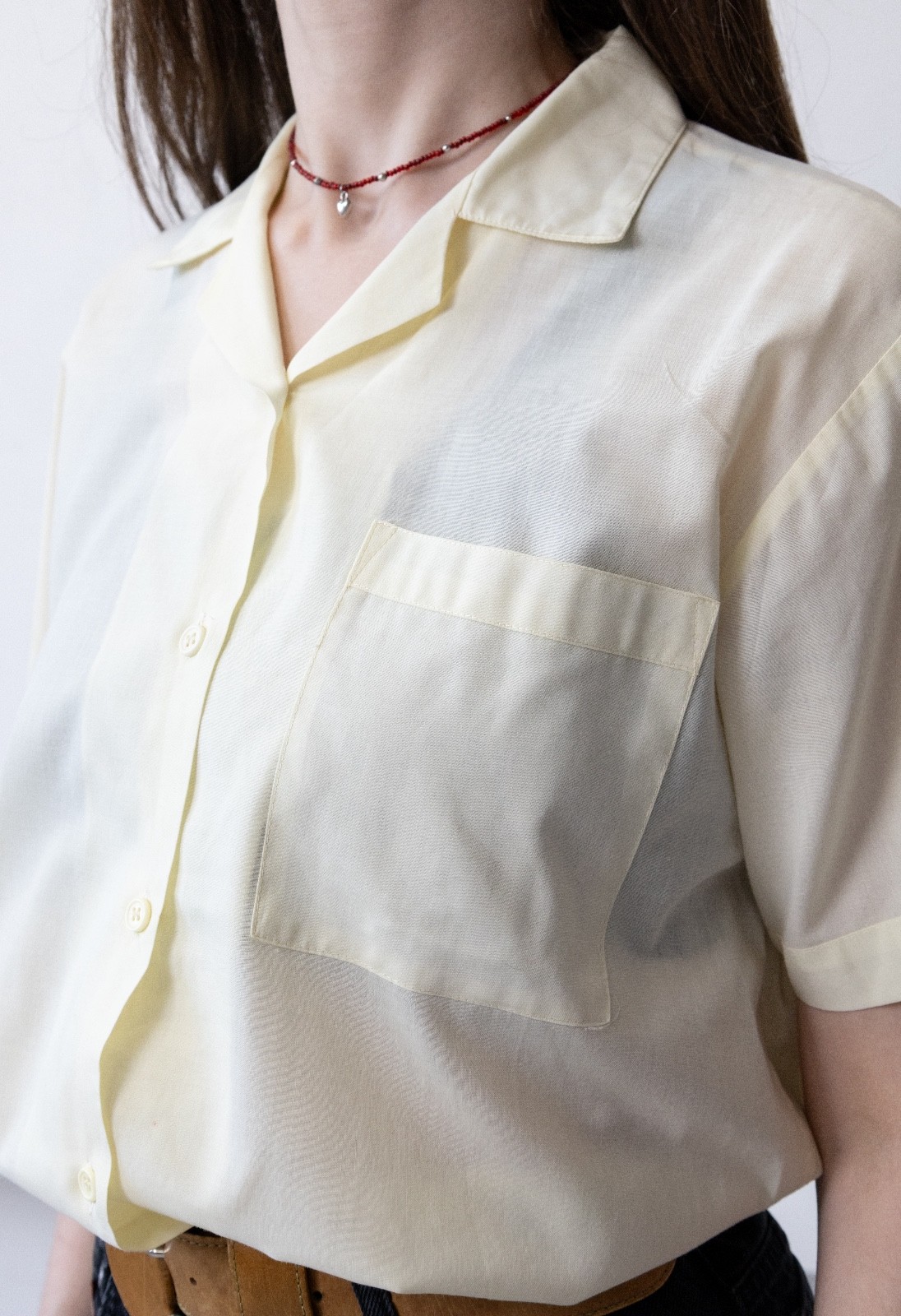 Vintage 80s Butter Yellow Camp Collar Shirt Women&rsquo;s M Short Sleeve Boxy 1980s