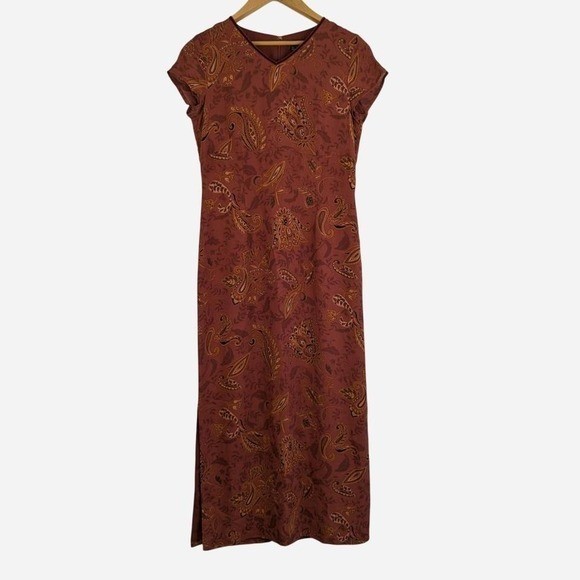 Vintage Harold&rsquo;s 100% Silk Paisley Maxi Dress Rust Gold Cap Sleeve Size 6