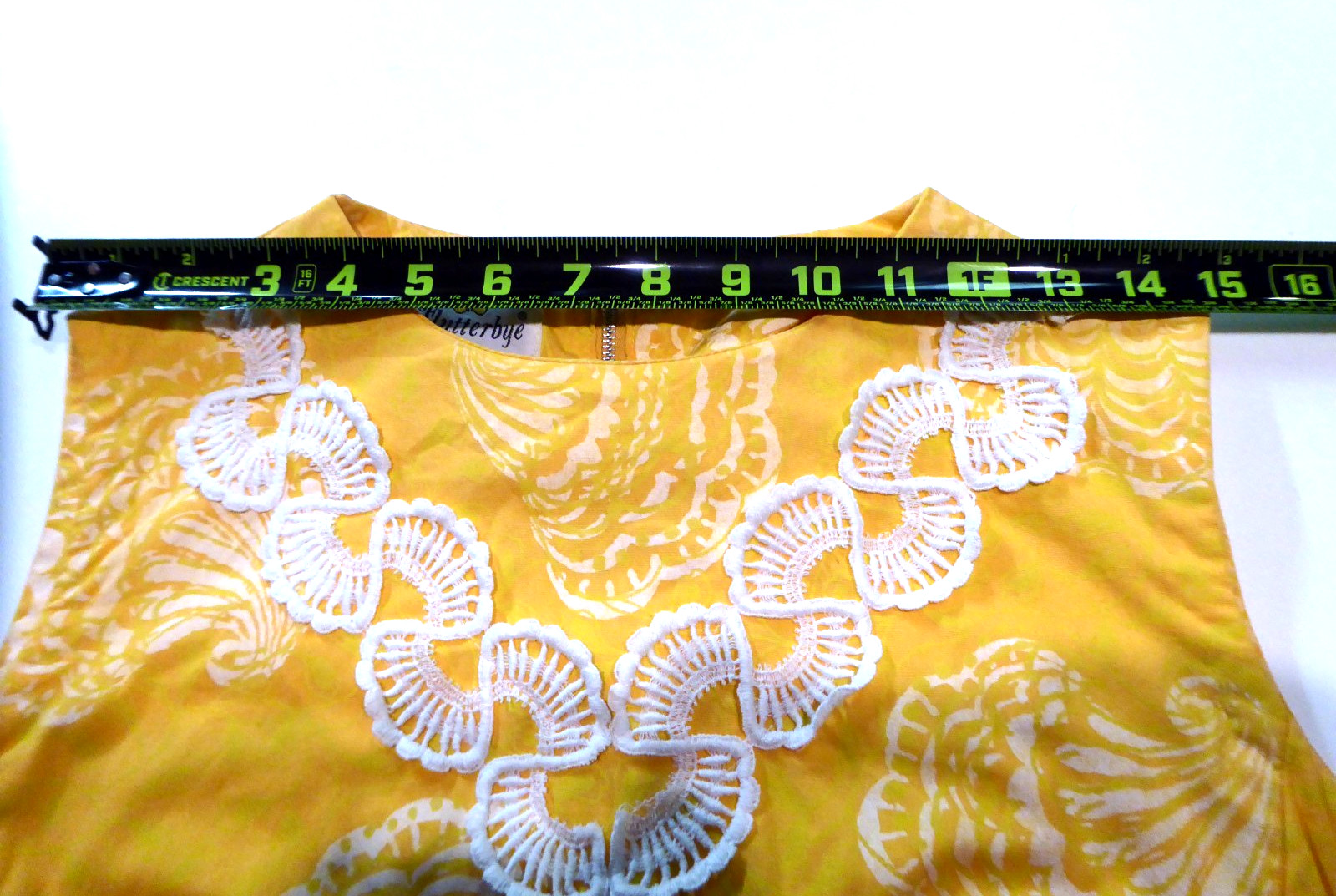 VTG 60s Flutterbye Mod Shift Dress Yellow Pique Shell Lace Summer Resort Sun S
