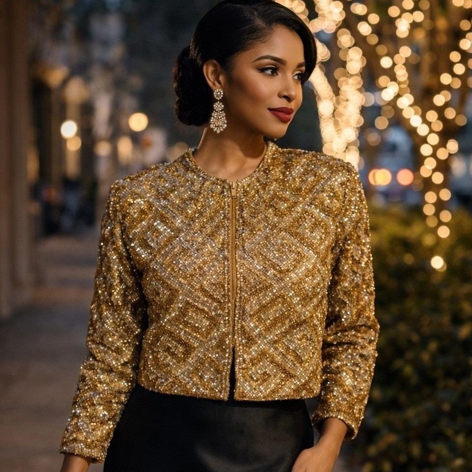 Vintage 1960s Laura Aponte Gold Sequin Beaded Evening Jacket Italy 38 Size 6