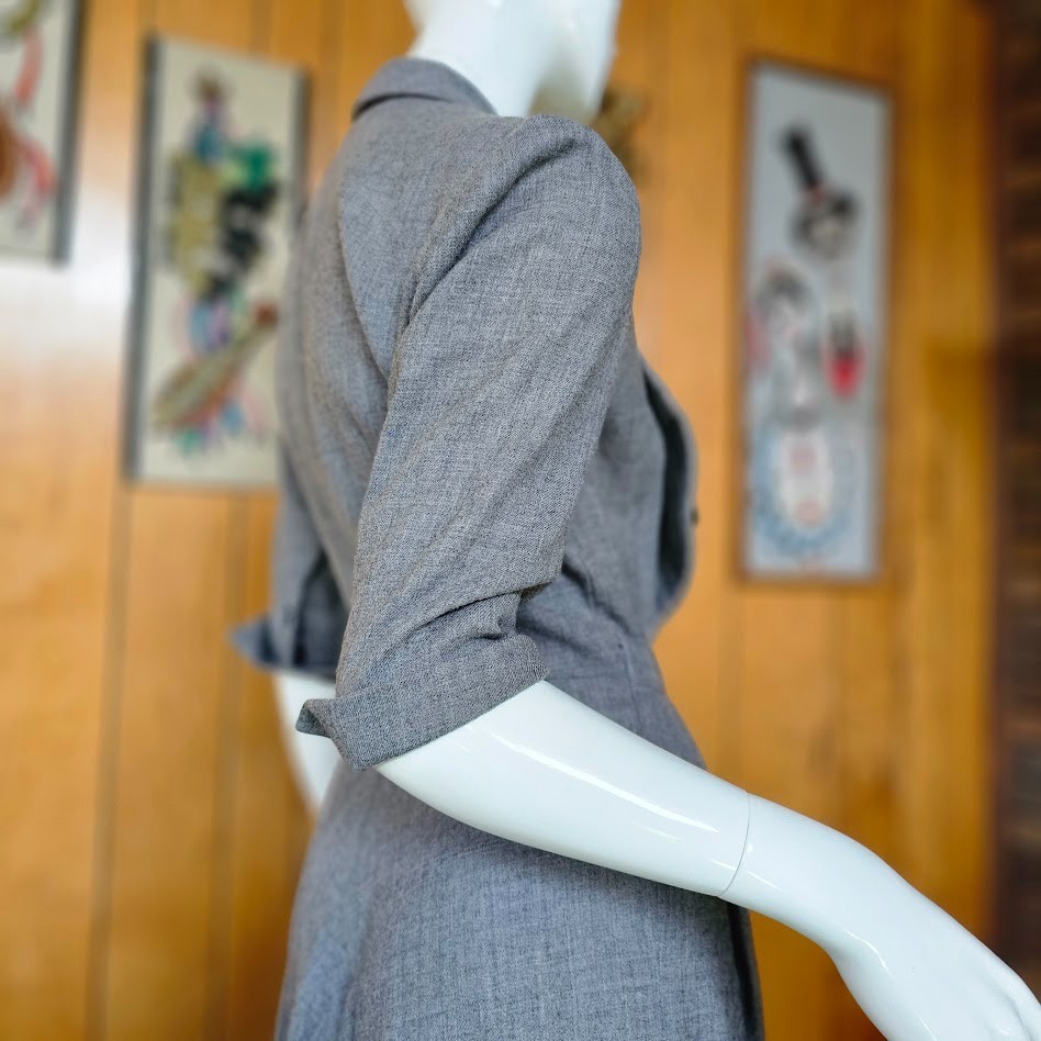 Vtg 40s 50s Wing Cuff Gray Wool Full Skirt Victory Suit Carlye Coat Dress XS/S