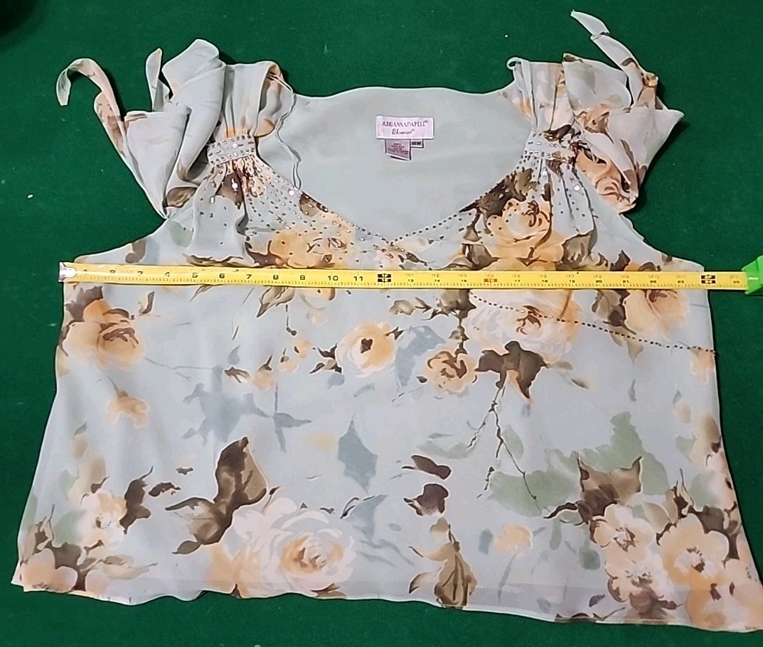 Vtg Adrianna Papell Womens Green Beige Floral Silk Top Asym Skirt Set Sz 16/18