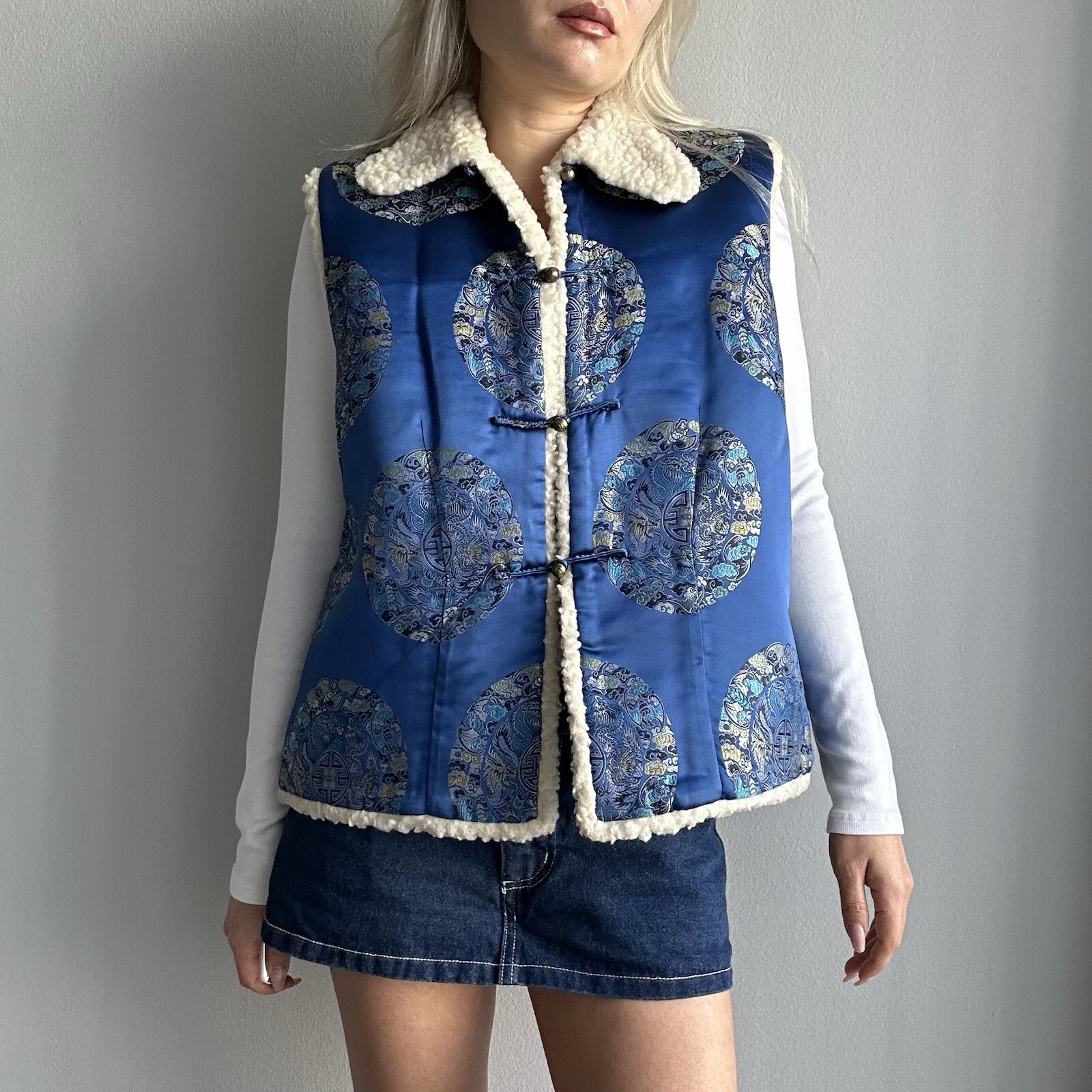 Vintage Oriental Satin Silk Jacquard Sherpa Vest w/ Peter Pan Collar