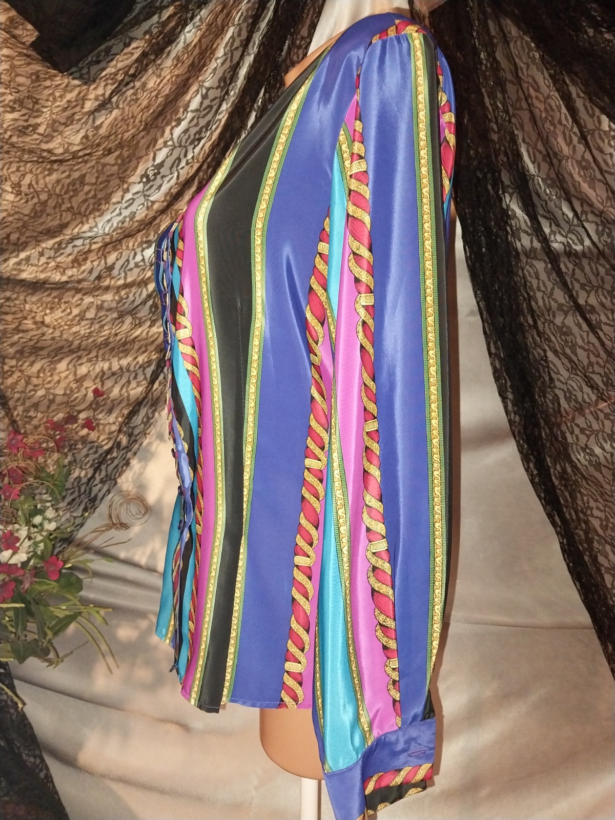 VTG SATIN SHINY VERSACE ESQUE NOTCH COLLAR BLOUSE GOLD ROPES GEO TOP USA 40&Prime; NOS