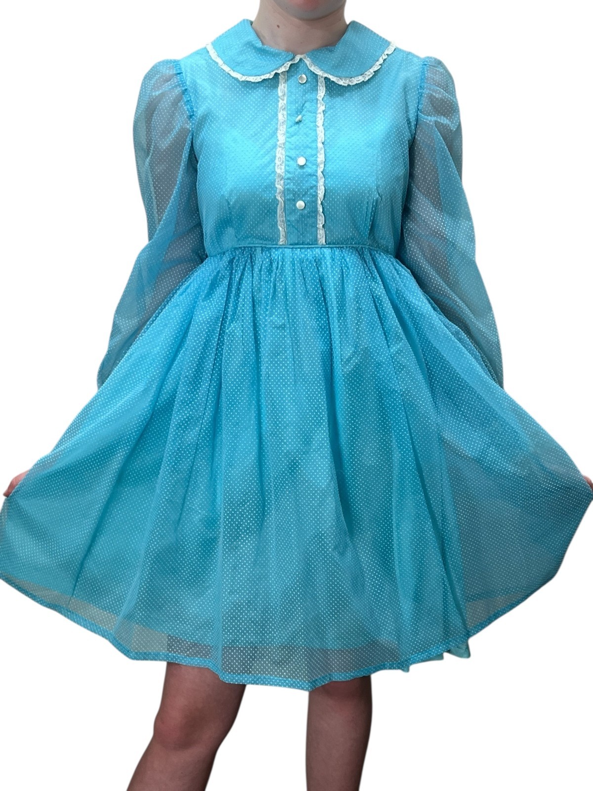 Vtg 60s Sz XS~S BABYDOLL Mini Dress Blue Swiss Dot Empire Waistline MOD