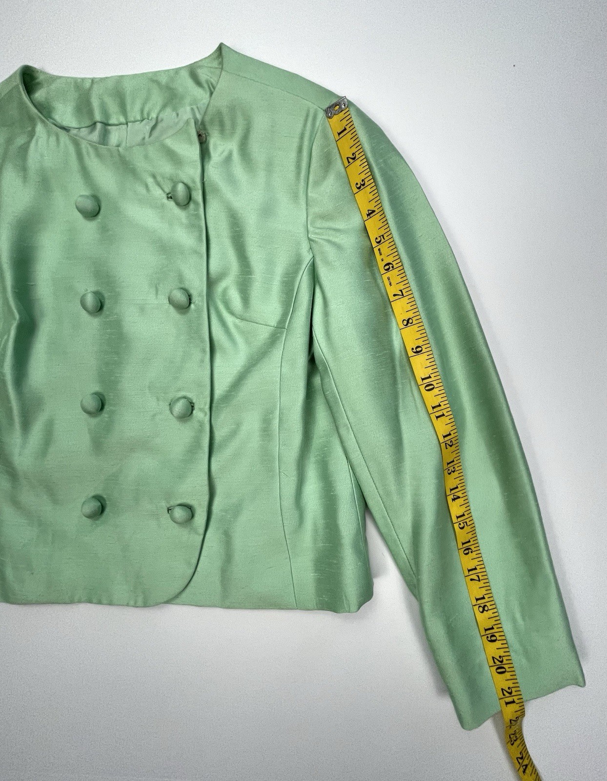 Vtg 60s Sakowitz Mint Green Dress Jacket Set Beaded Rhinestone Collar Suit Sz 12