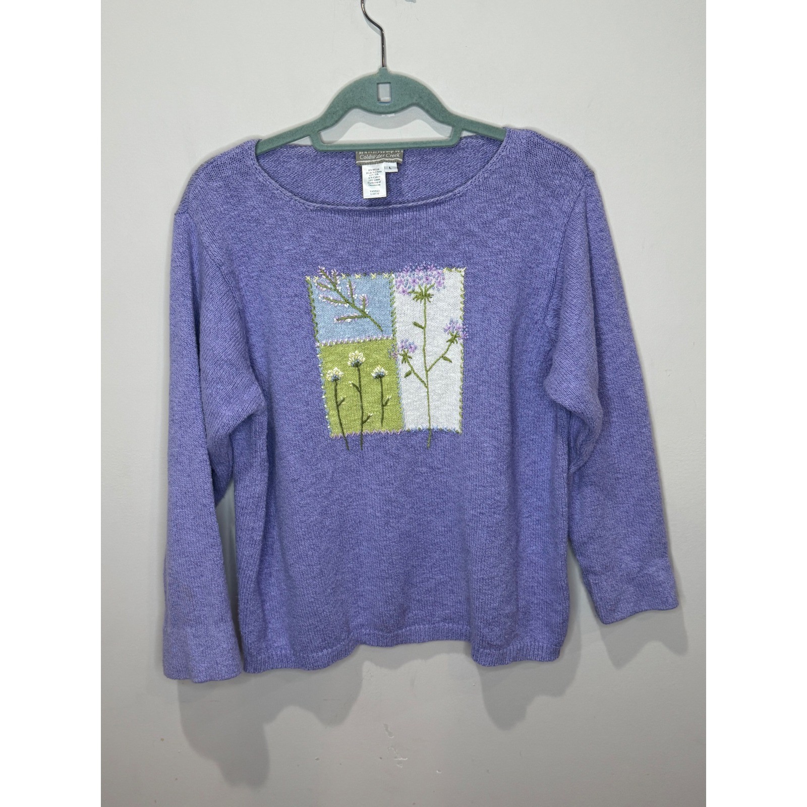 Coldwater Creek Grandma Cottage Purple Floral Sweater L Silk Cotton Linen Knit