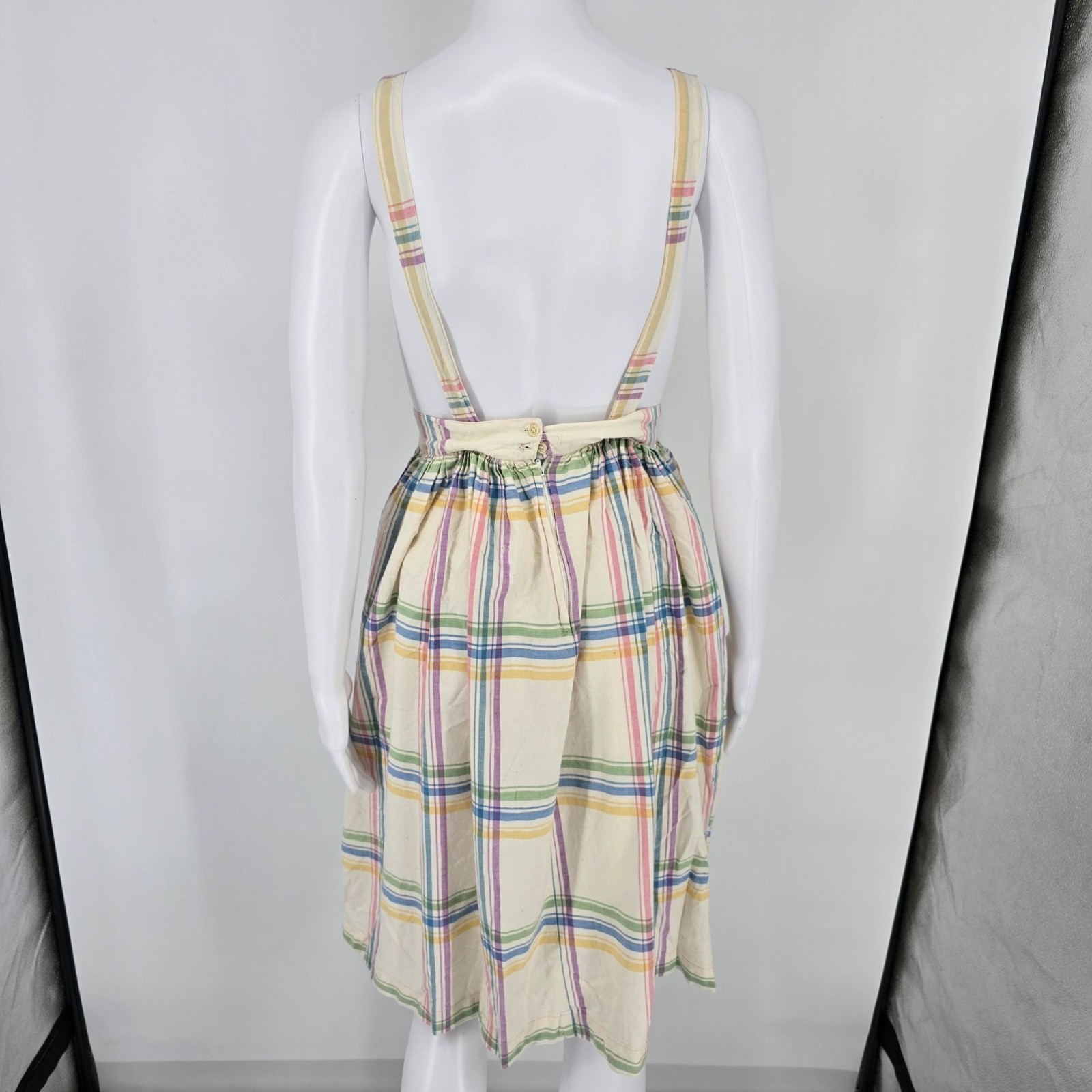 Vintage 1980s Pastel Plaid Sleeveless Suspender A-Line Pinafore Dress (S) *Flaws