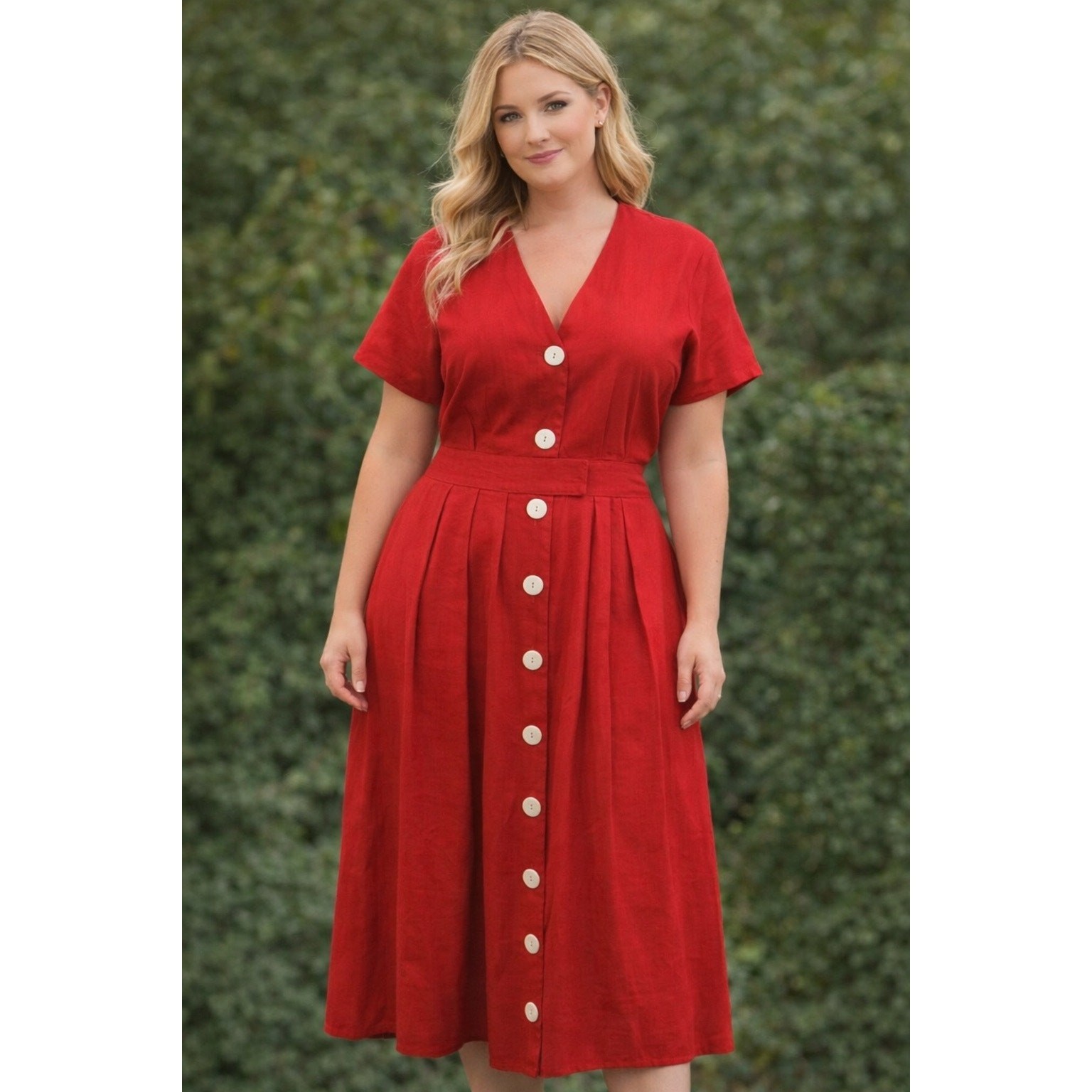 Vintage 80s Midi Long Red Pleated Skirt Linen Dress Secretary 14 16 Rockabilly