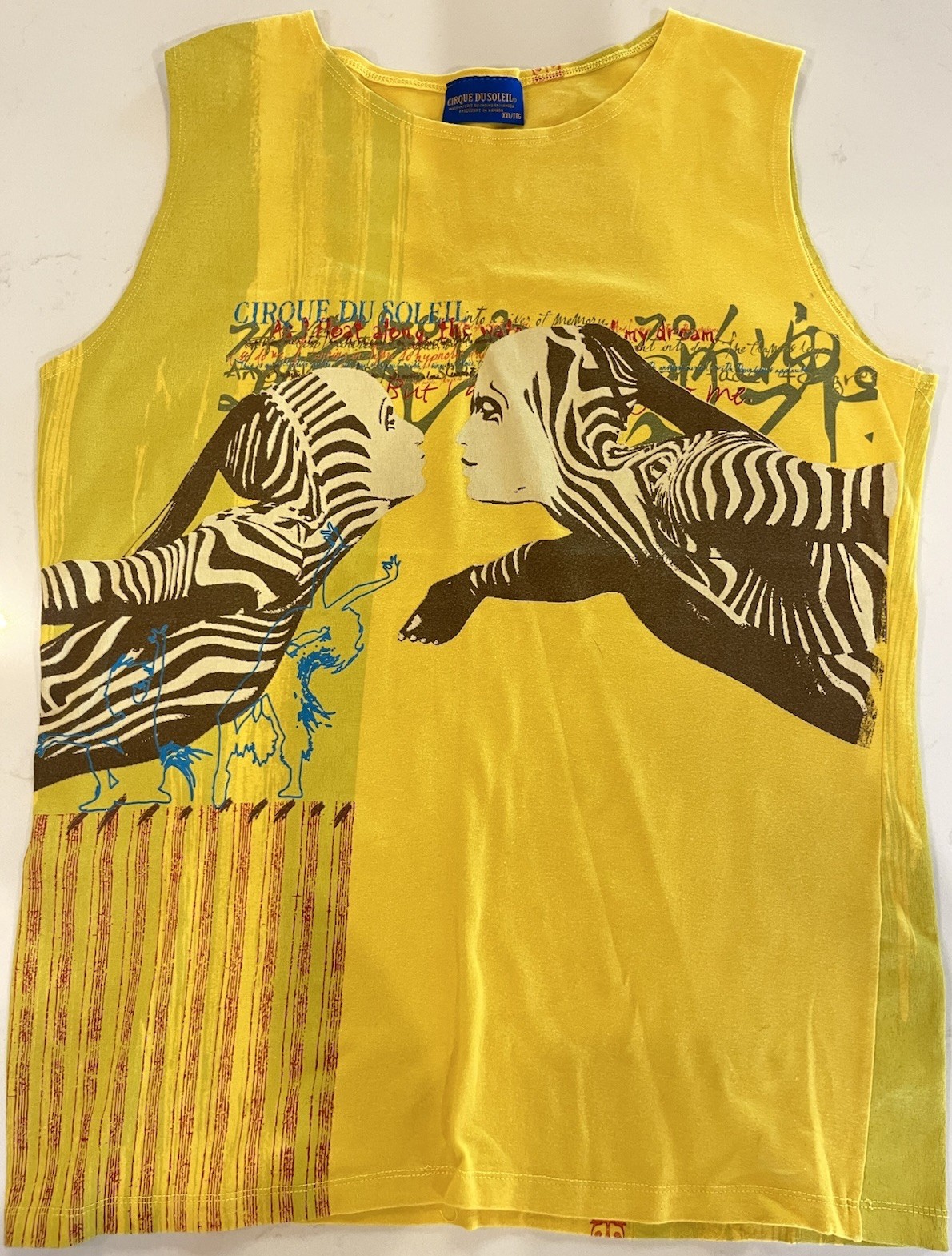 Vintage Cirque Du Soleil O Zebra Graphic Tank Top XXL Yellow Avant Garde Art Tee
