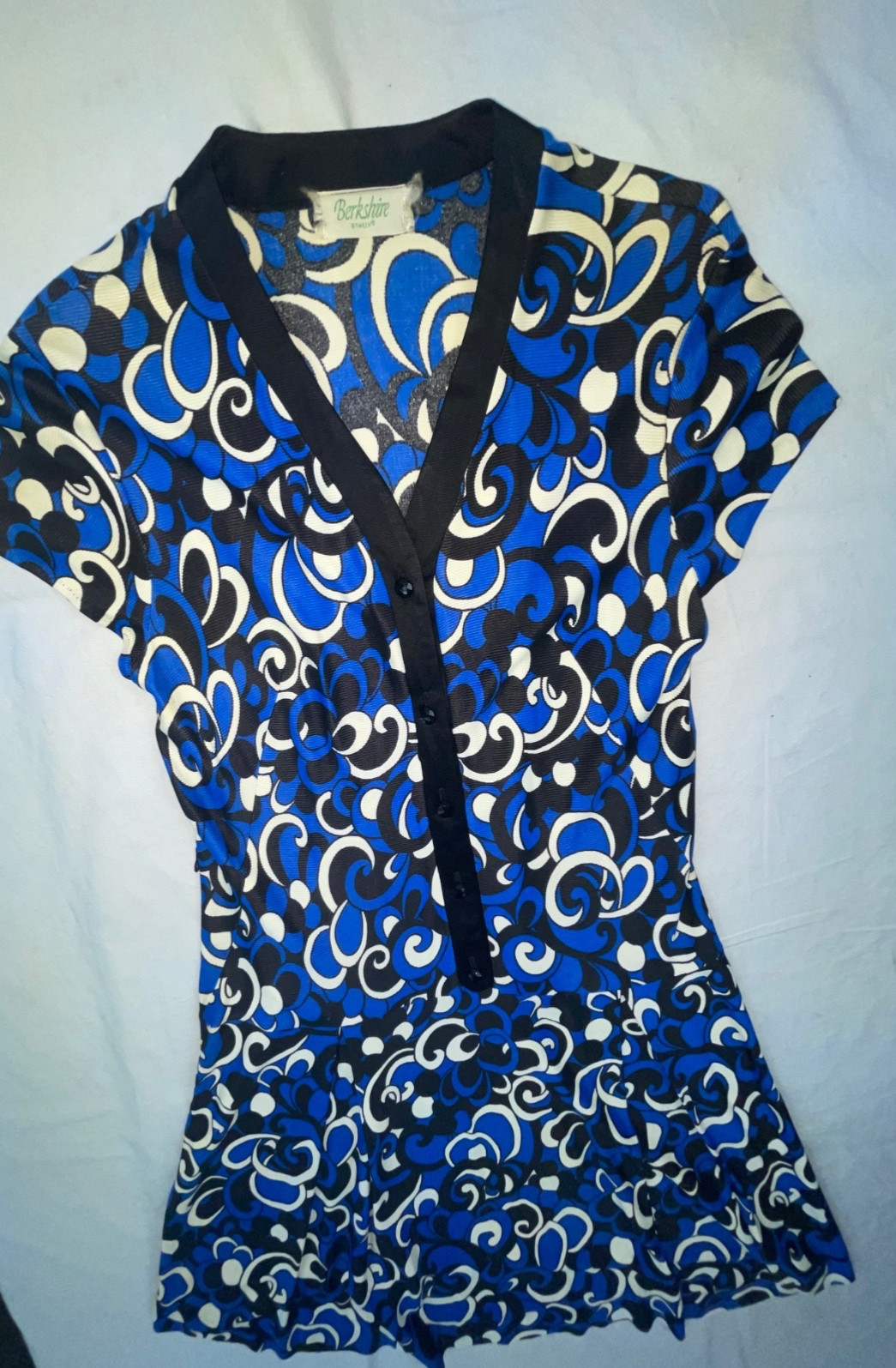 VTG 60s 70s WOMENS S BERKSHIRE BLUE GEOMETRIC DISCO RETRO BUTTON PARTY DRESS