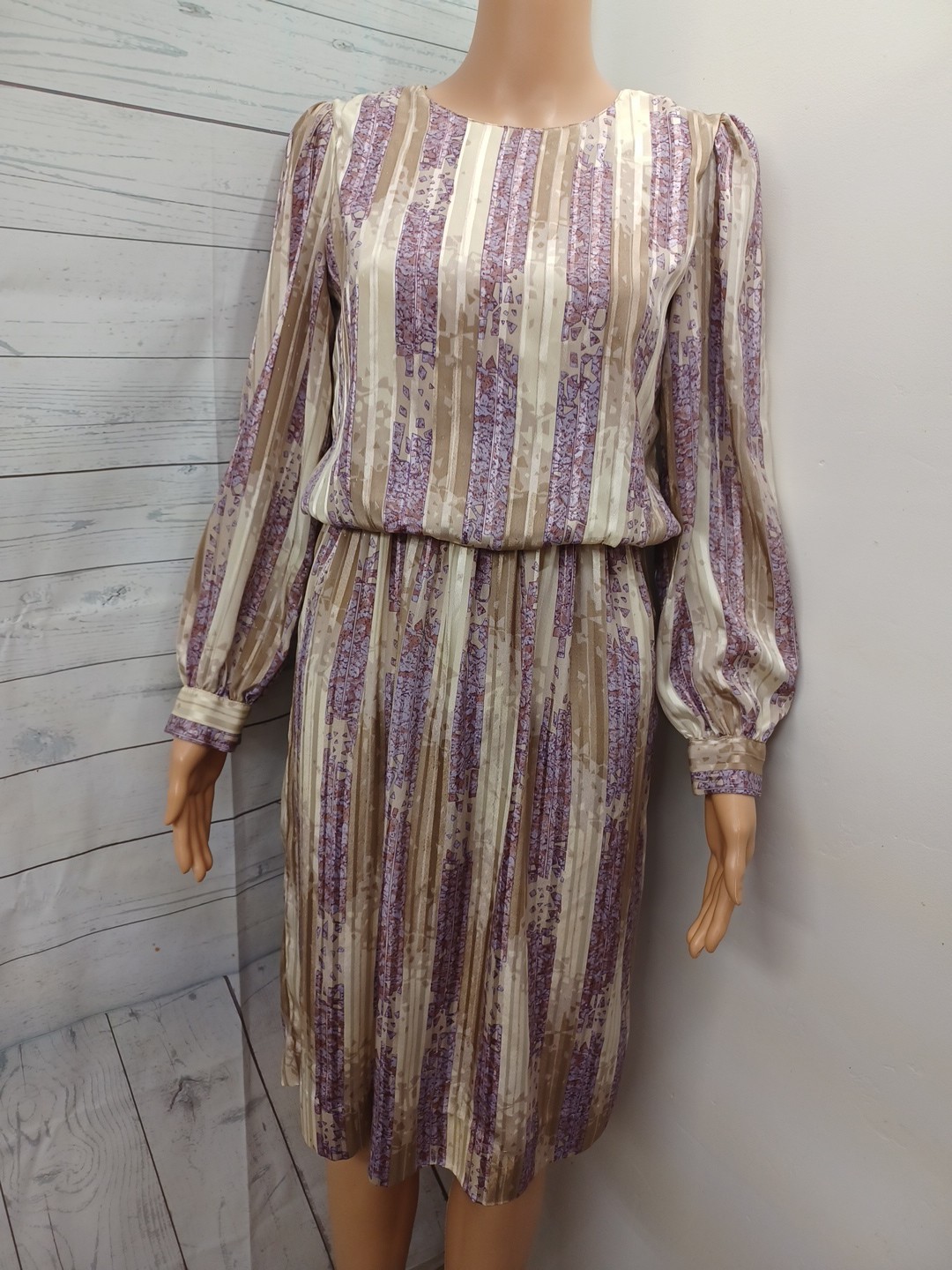 Vtg Warren Dress Striped Silky Long Sleeves Secretary Petite Sz 4 / 4P