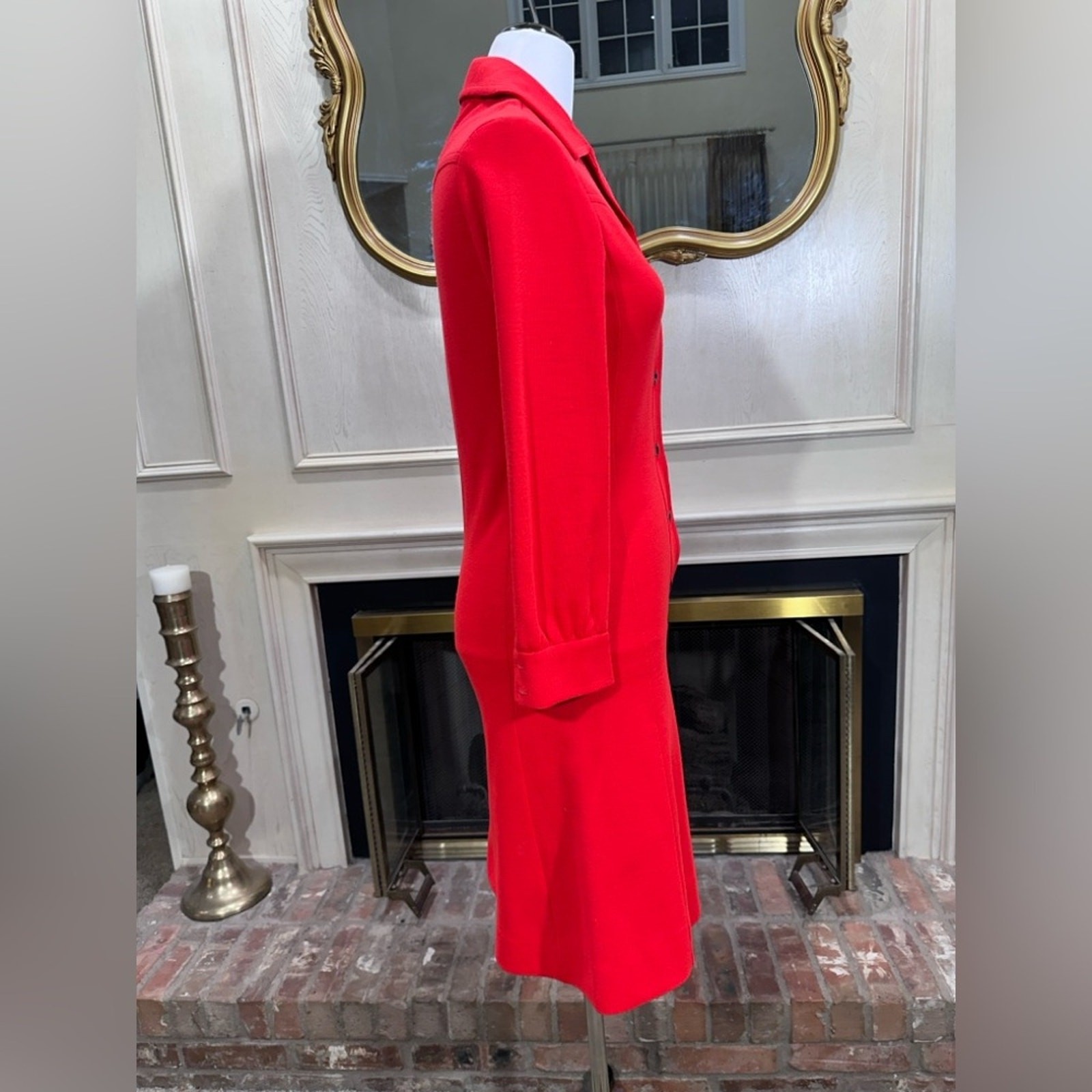 Vintage David Crystal Red Button-Front Dress Heavy Knit Collared (fits small)