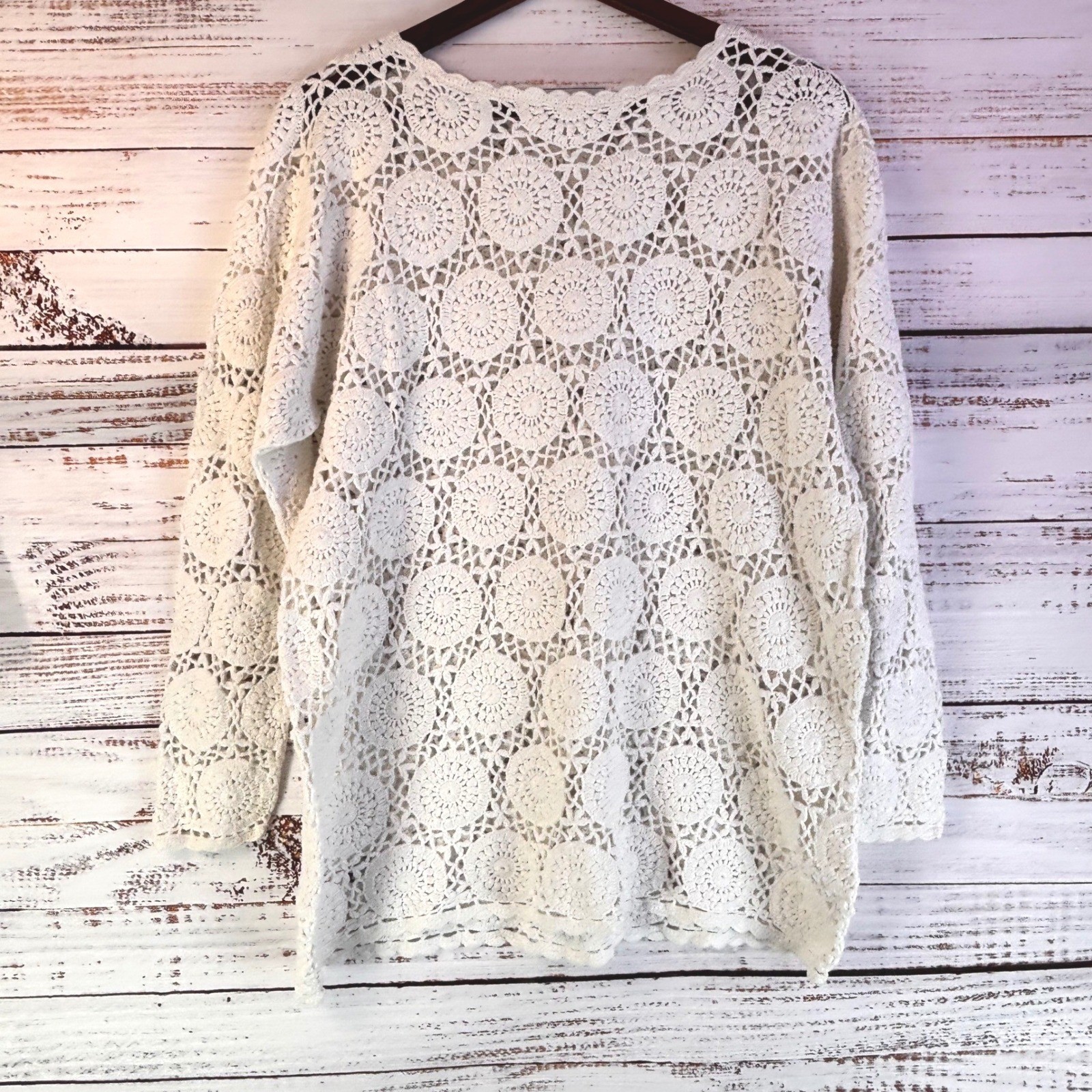 Vintage Crochet Top Maggie Lawrence Size L Cream Ramie Cotton Boho Cottagecore
