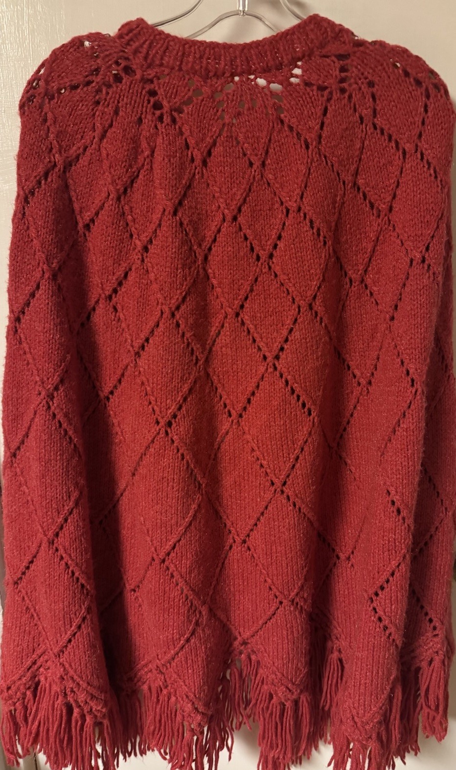 Vintage 1960-1970’s Red Hand Knit One Of A Kind Caplete With Fringe DiamondLace