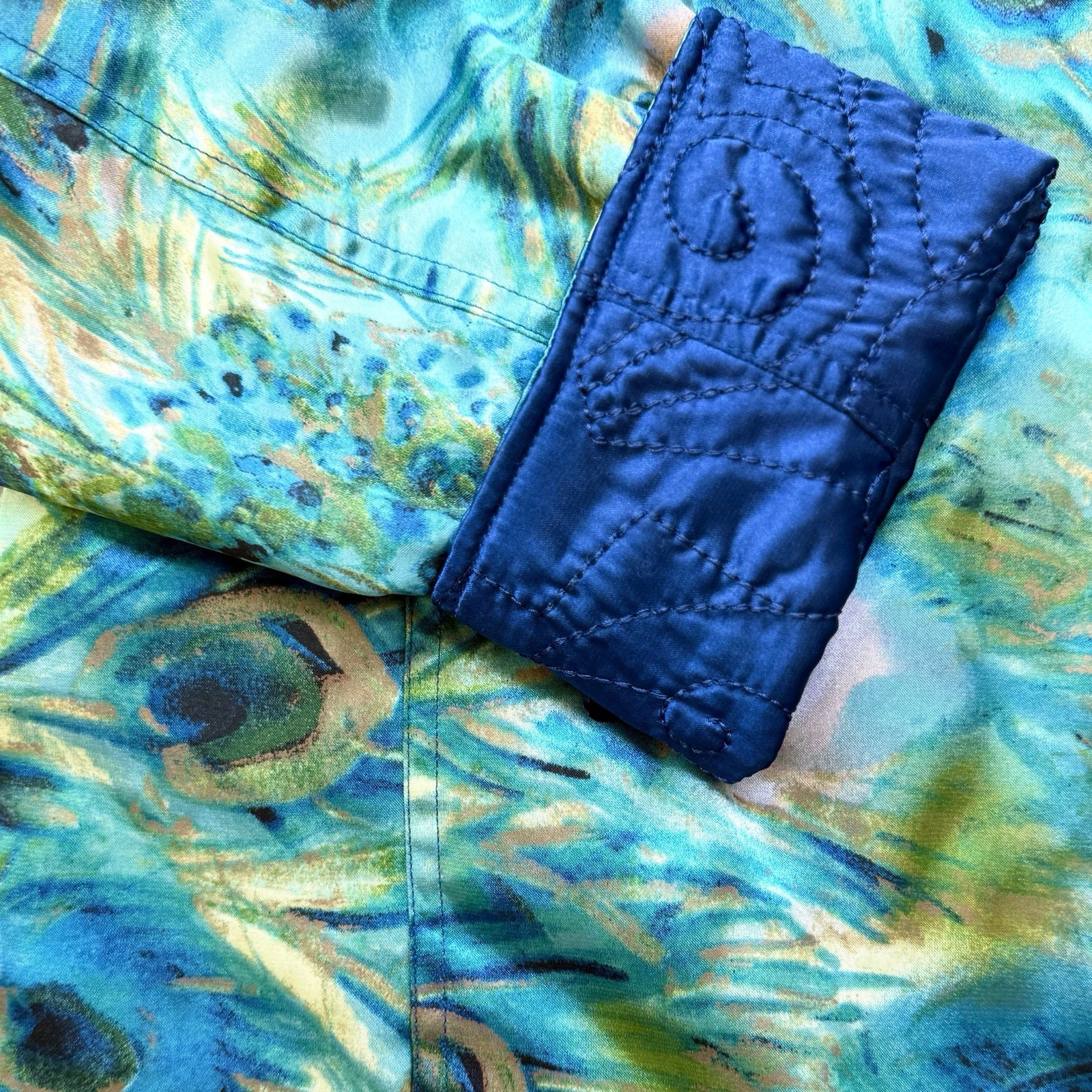 Vintage Reversible Peacock Feather Quilted Jacket Wearable Art Womens XL 80s 90s