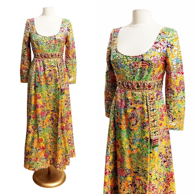 1960s Brocade Gown / Rainbow Gown / Formal Gown / Size Medium – Large