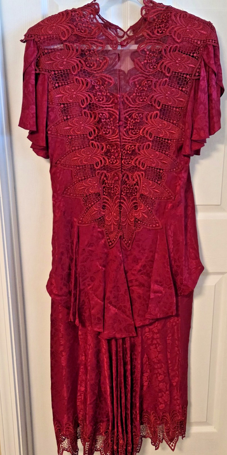 Capriccio by Digna Jacquard Silk Blend Dress Size 12 Red Lace US VTG 1980s 1990s