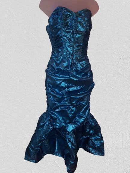 Vintage 80s Gunne Sax Aqua Blue Metallic Mermaid Glam Rock Party Prom Dress S/M