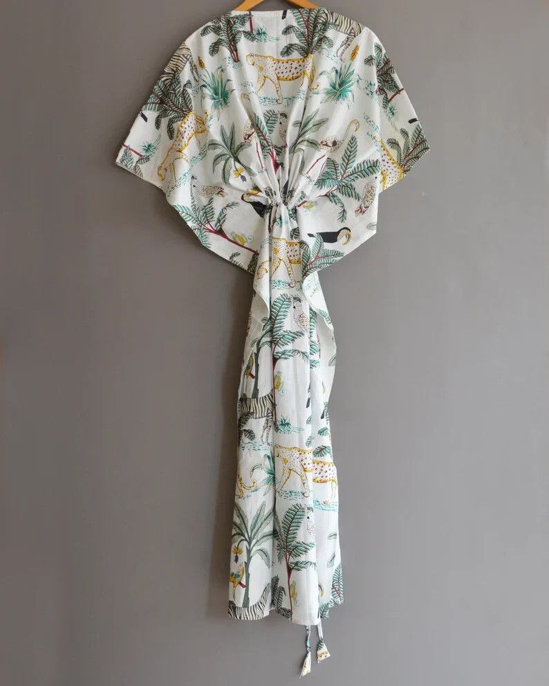 Indian Handmade Tiger Print Cotton Kaftan, Floral Long Free Size Caftan Beach