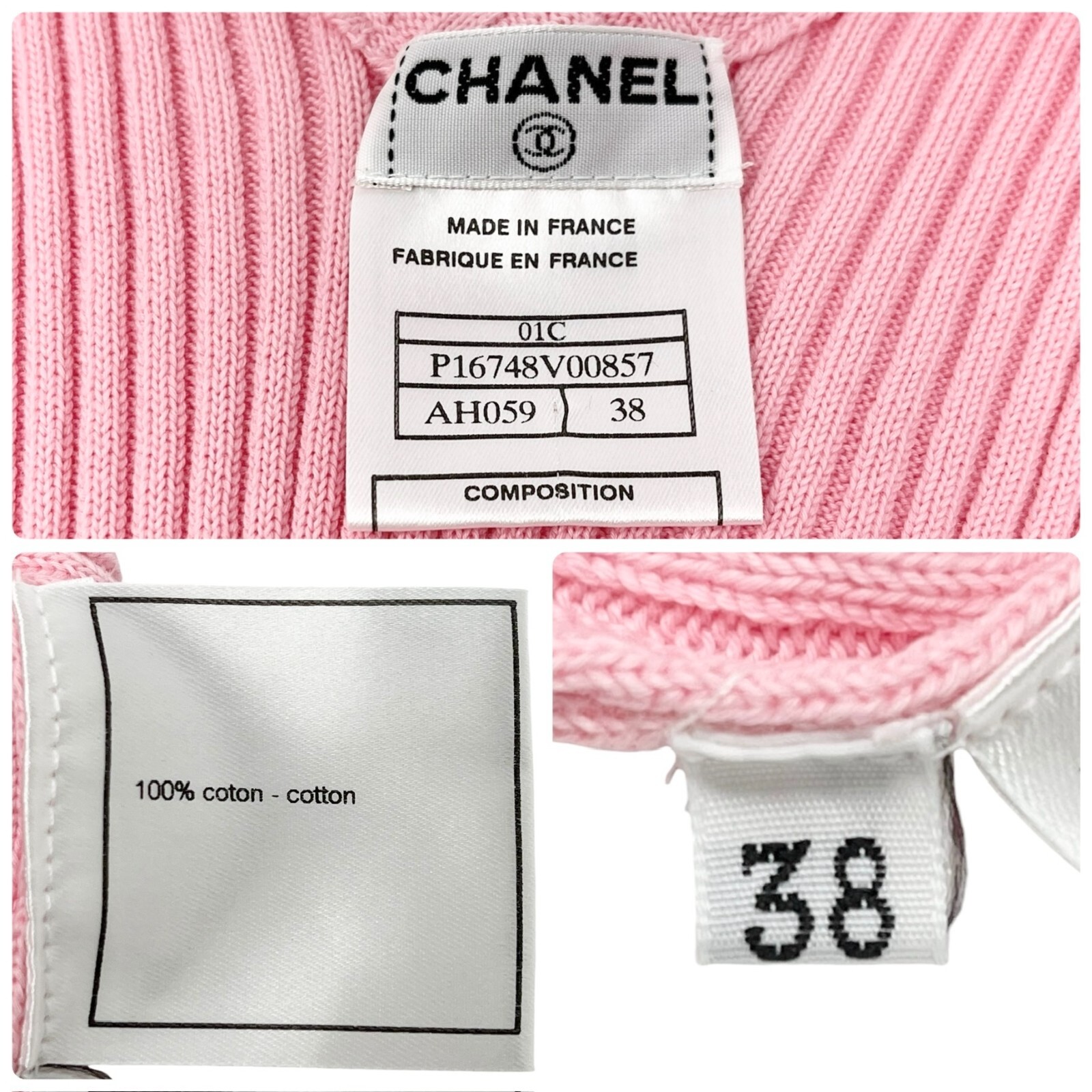 CHANEL Vintage 01C CC Logo Rib Knit Tank Top #38 Pink Gold Ring Cotton Rank AB