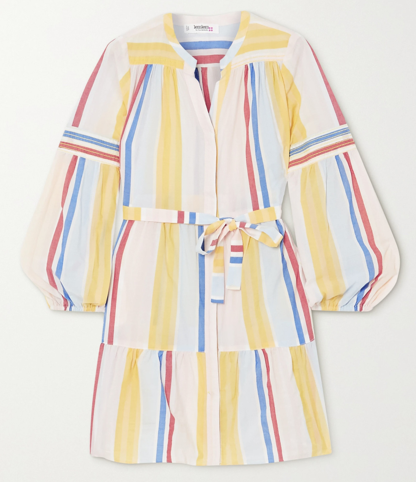 LEMLEM Jima Belted Tiered Striped Woven Mini Dress Gown Mini Dress Tie Belt M