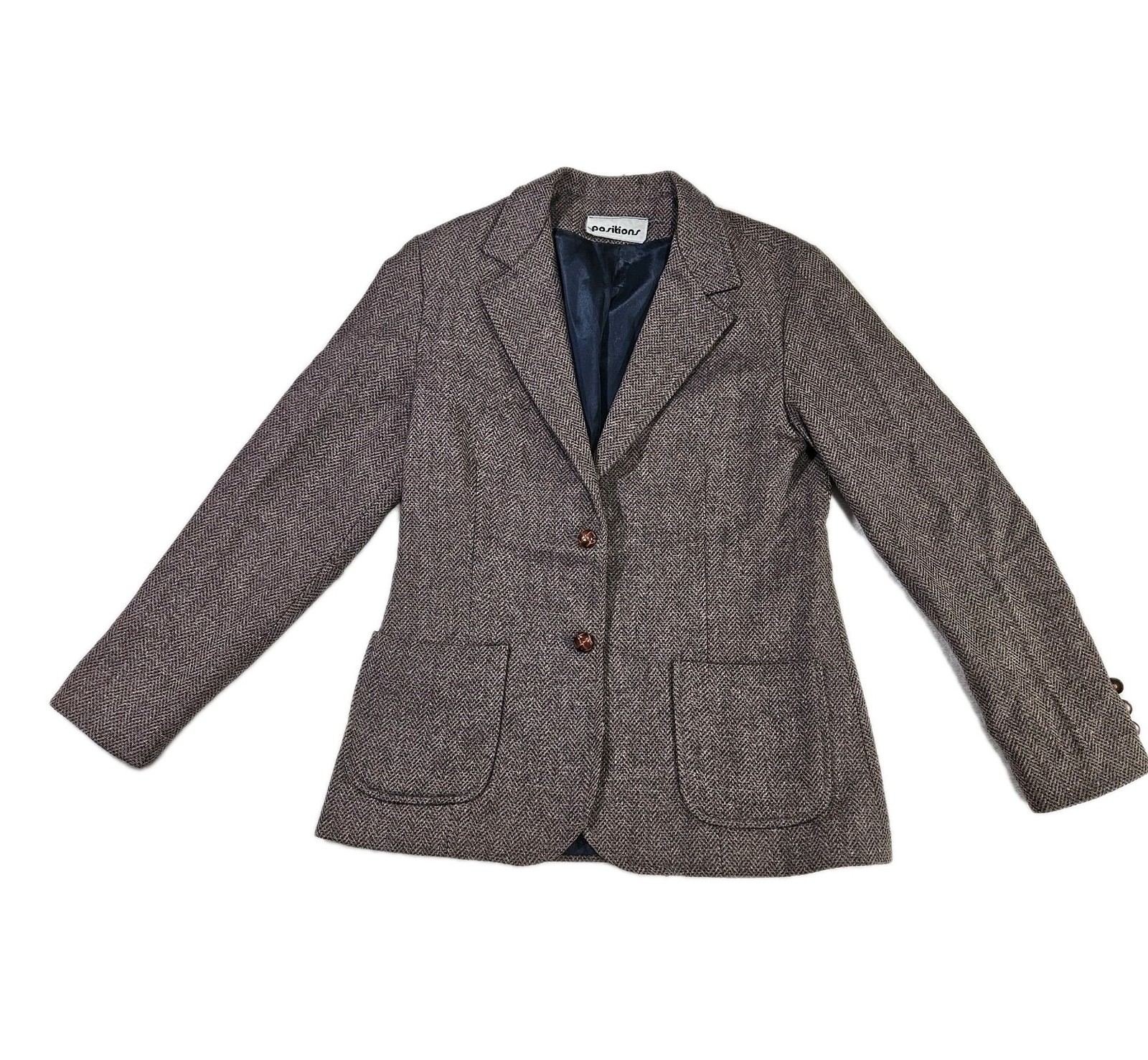 Vintage Positions Herringbone Tweed Blazer Jacket Brown Academic Woven Buttons S