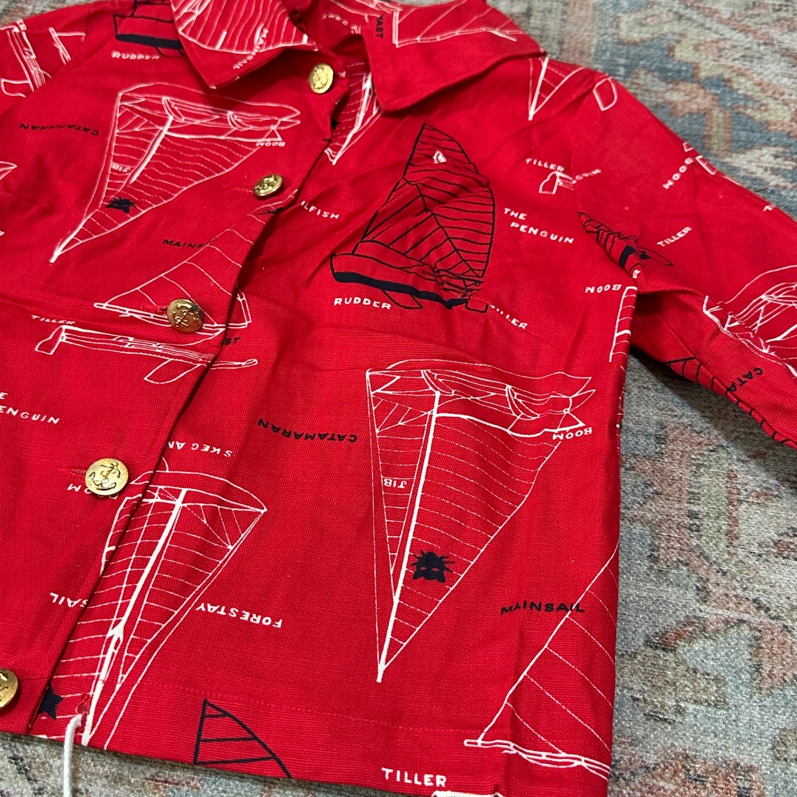 Vintage 1960’s Red Nautical Sailor Jacket Boat Print Size 12- Jeanie by Bluebell