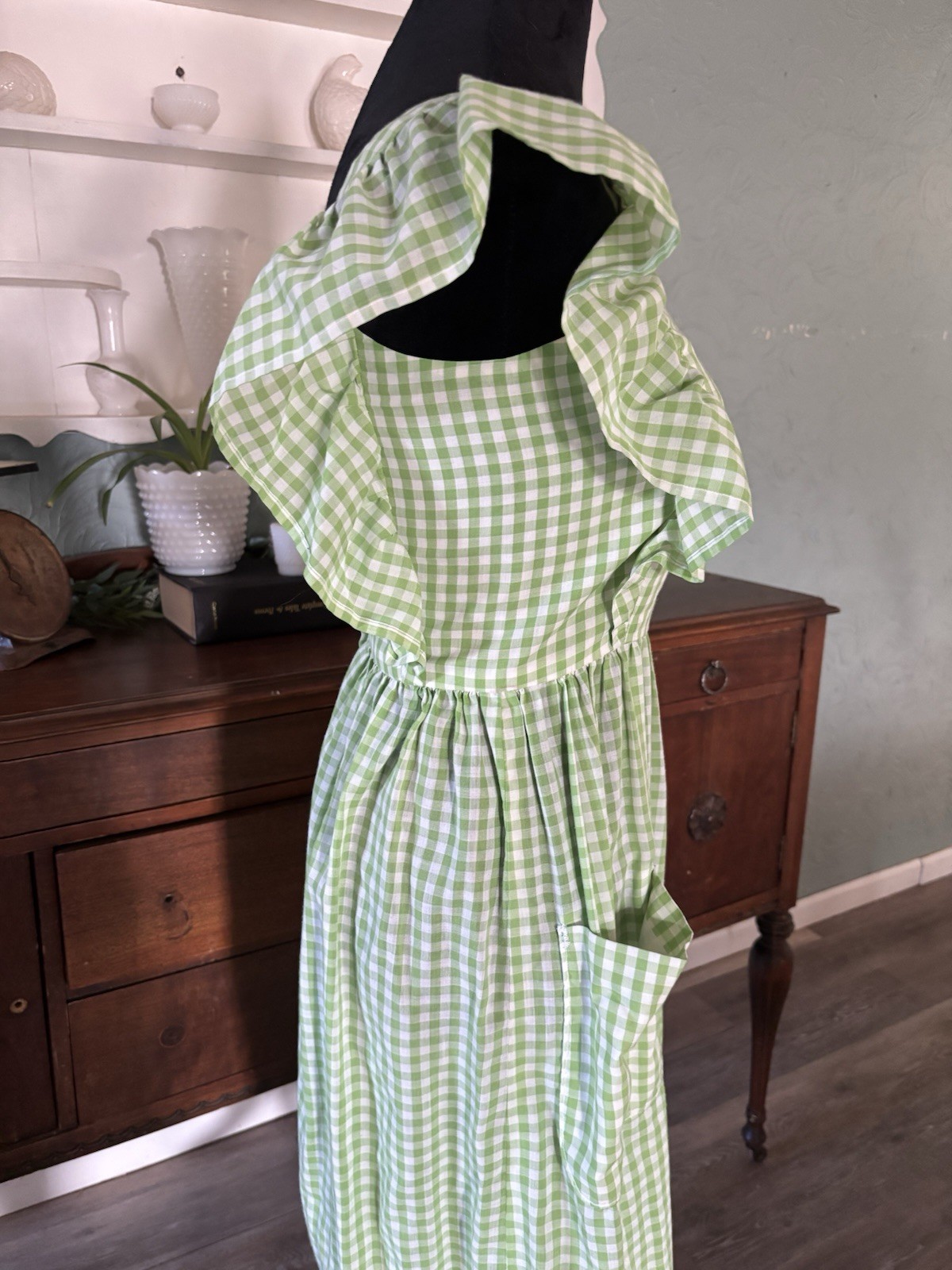 Vintage Cottagecore Light Green Gingham Prairie Dress Ruffle Sleeve Maxi