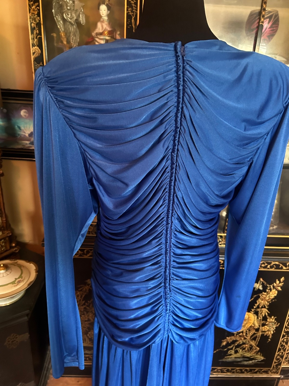 Vintage Dynasty 80s Beaded Sequin Royal Blue Evening Cocktail Dress Size 17/18