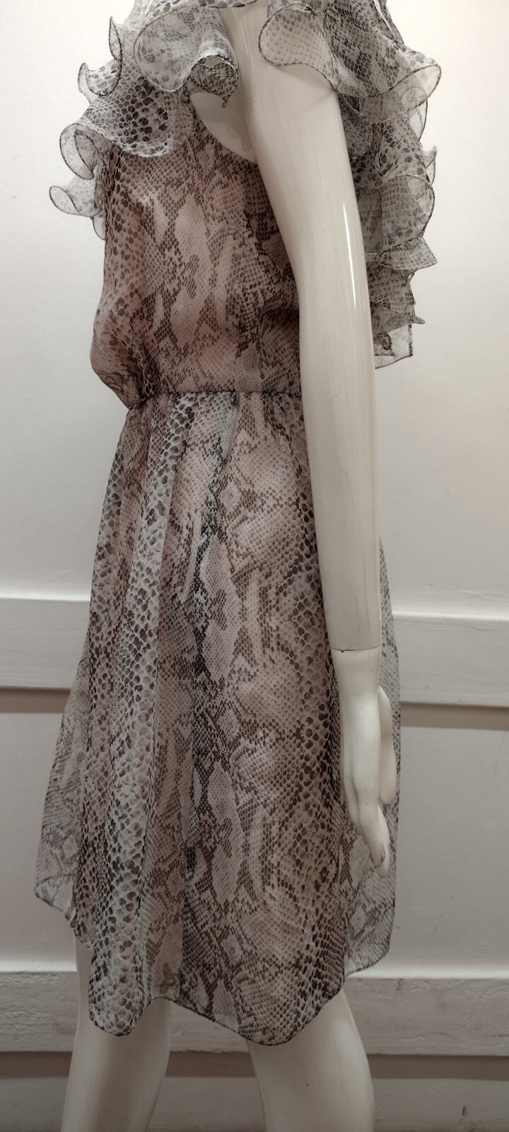 Vintage 80s Gray Snakeskin Chiffon Dress Ruffles Flamboyant Dolly Busty Size S/M