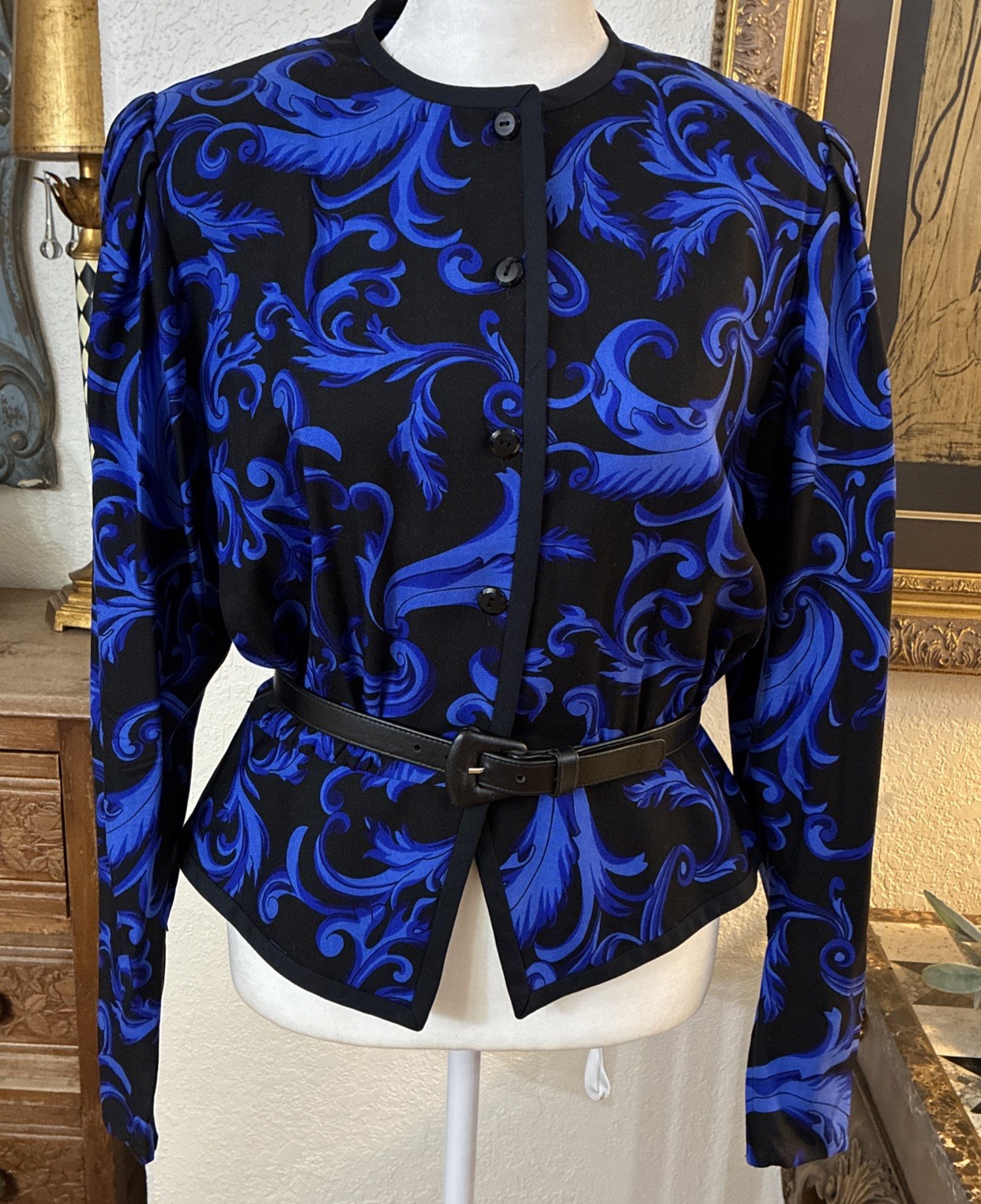 VTG CARLISLE Jacket Silk Wool Blend Women’s Sz 8 Blue Black Lined 80s W/Belt